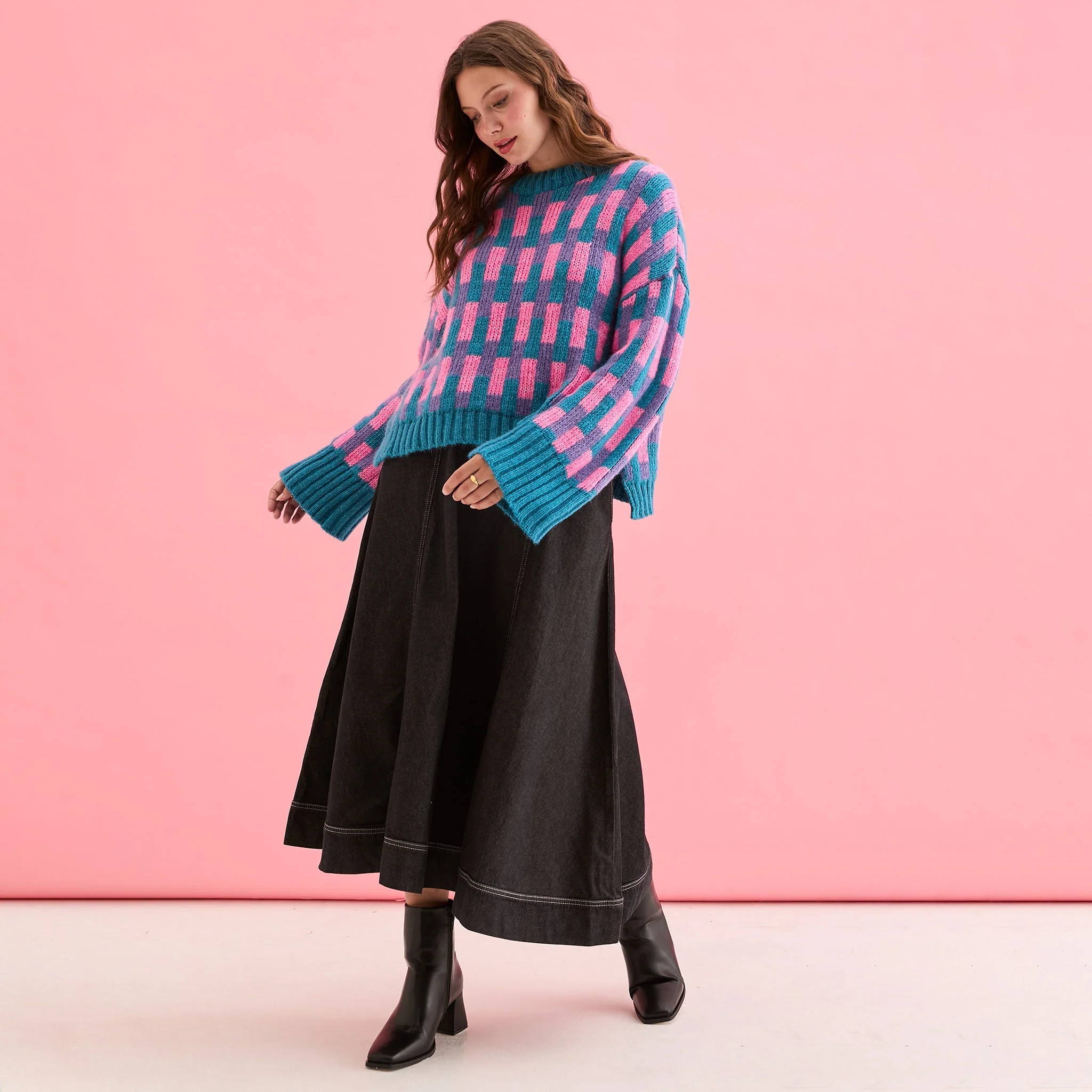 Charlotte Geometric Pattern Wide Sleeve Knit Jumper - Teal - Image 6