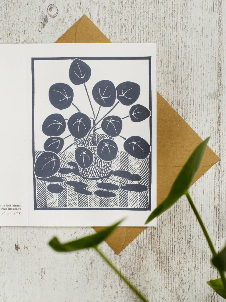 Chinese Money Plant A6 Lino Print Greeting Card - Image 2