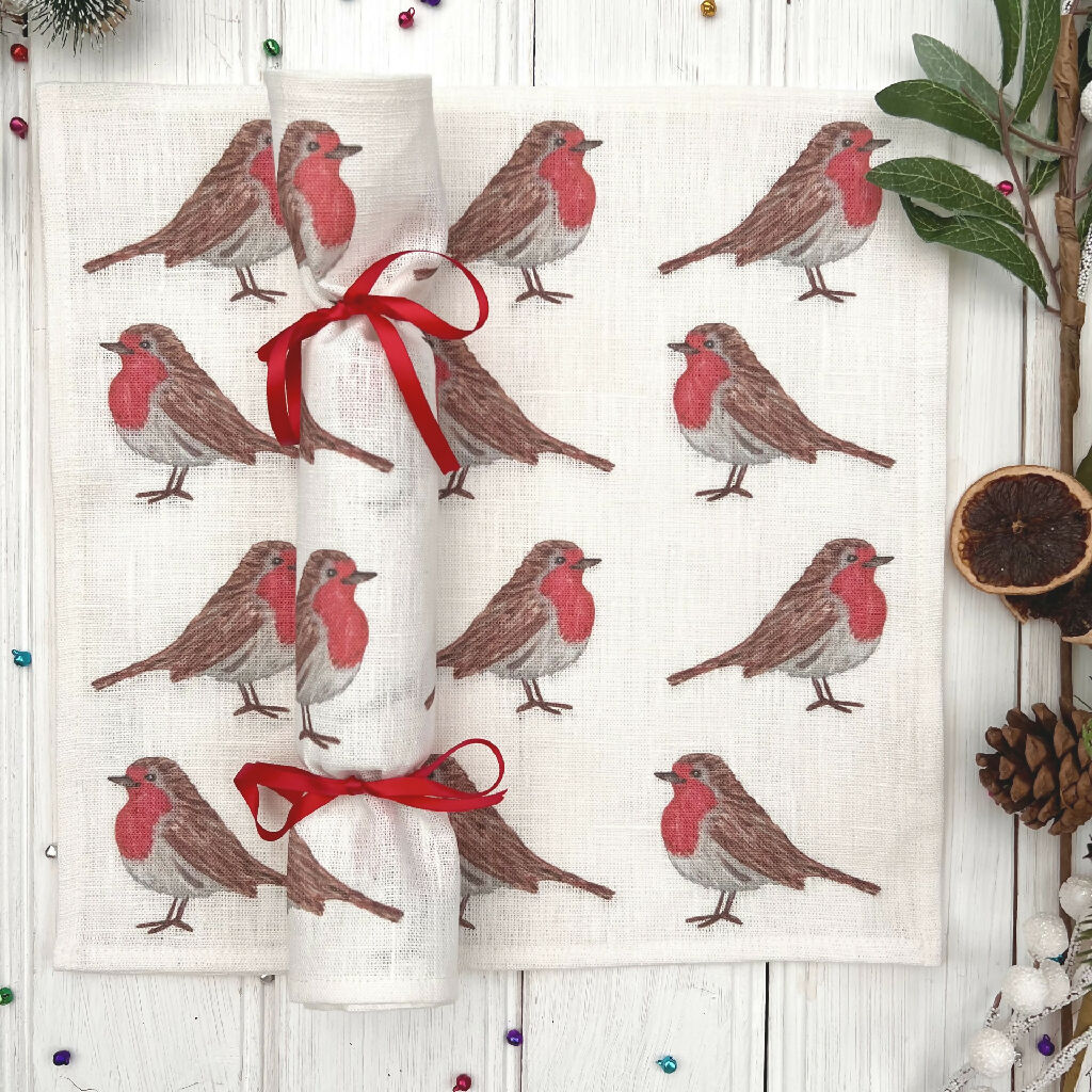 Christmas Linen Napkin Crackers - Little Red Robins - Image 3