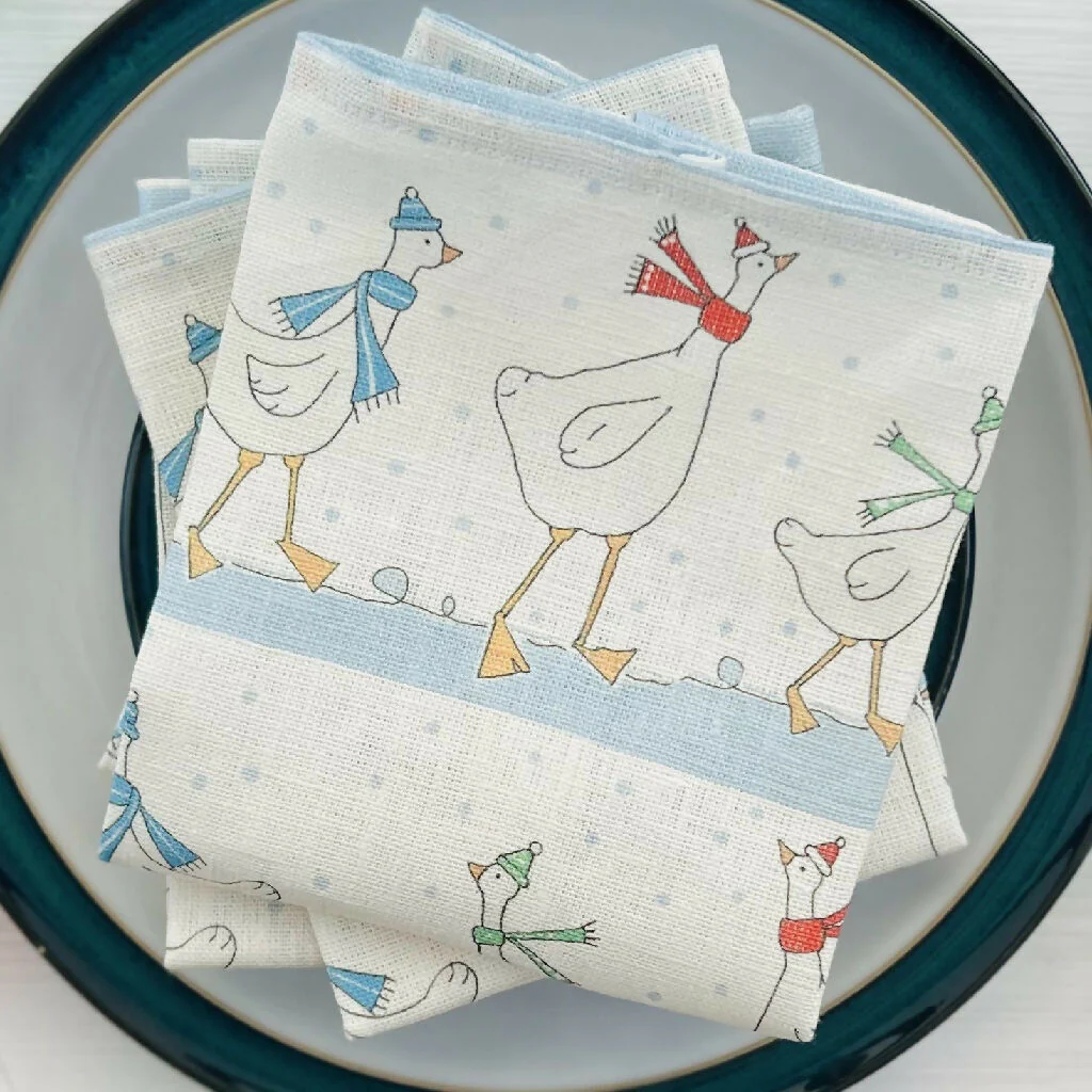 Christmas Linen Napkins - 'Festive Geese'