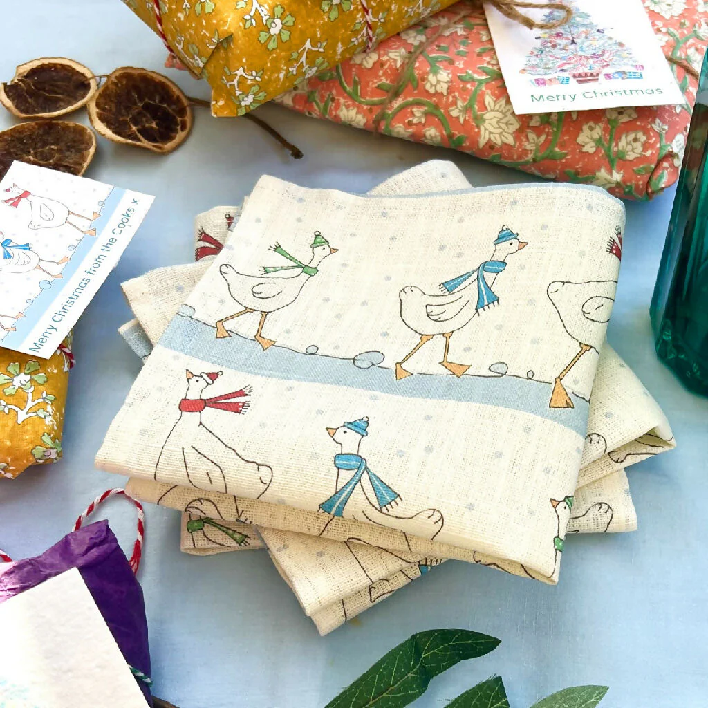 Christmas Linen Napkins - 'Festive Geese' - Image 3