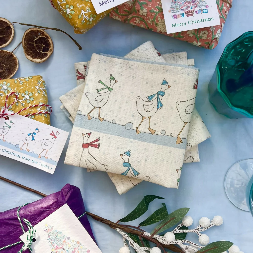 Christmas Linen Napkins - 'Festive Geese' - Image 4
