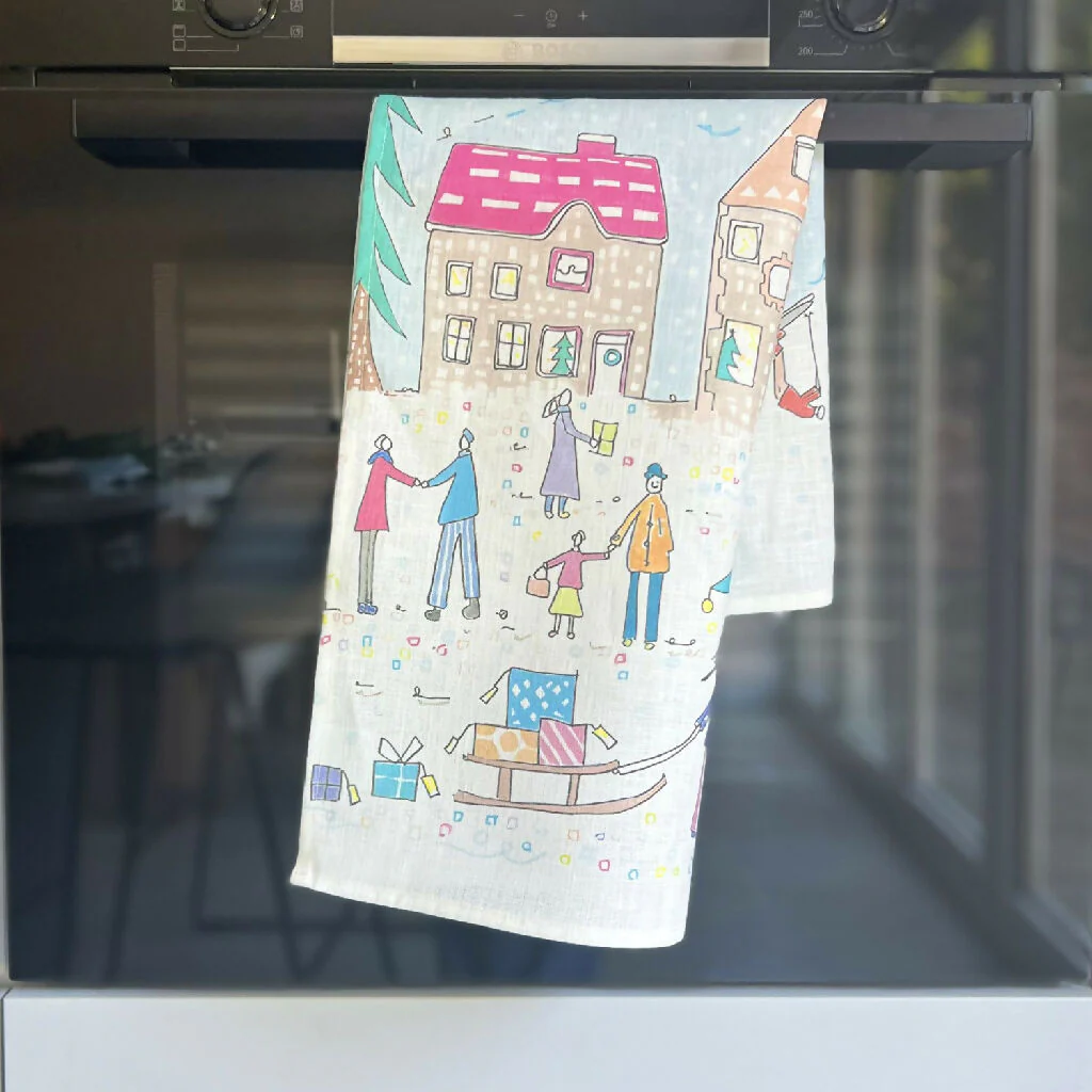 Christmas Linen Tea Towel in Christmas Village - Image 2