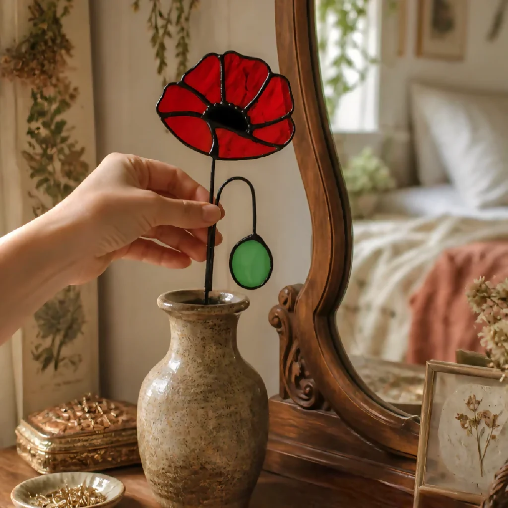 Classic Red Poppy Stained Glass Flower – Artisan Rippled Glass Petals
