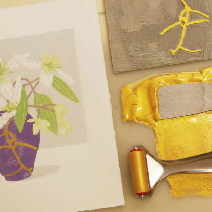 Clematis in Kintsugi Vase - Limited Edition - Original Linocut Print - Image 2