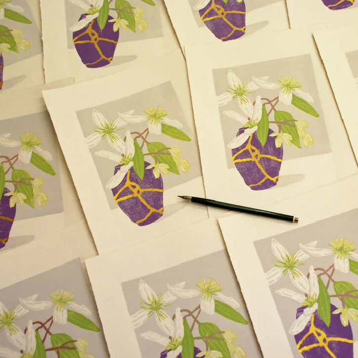 Clematis in Kintsugi Vase - Limited Edition - Original Linocut Print - Image 3