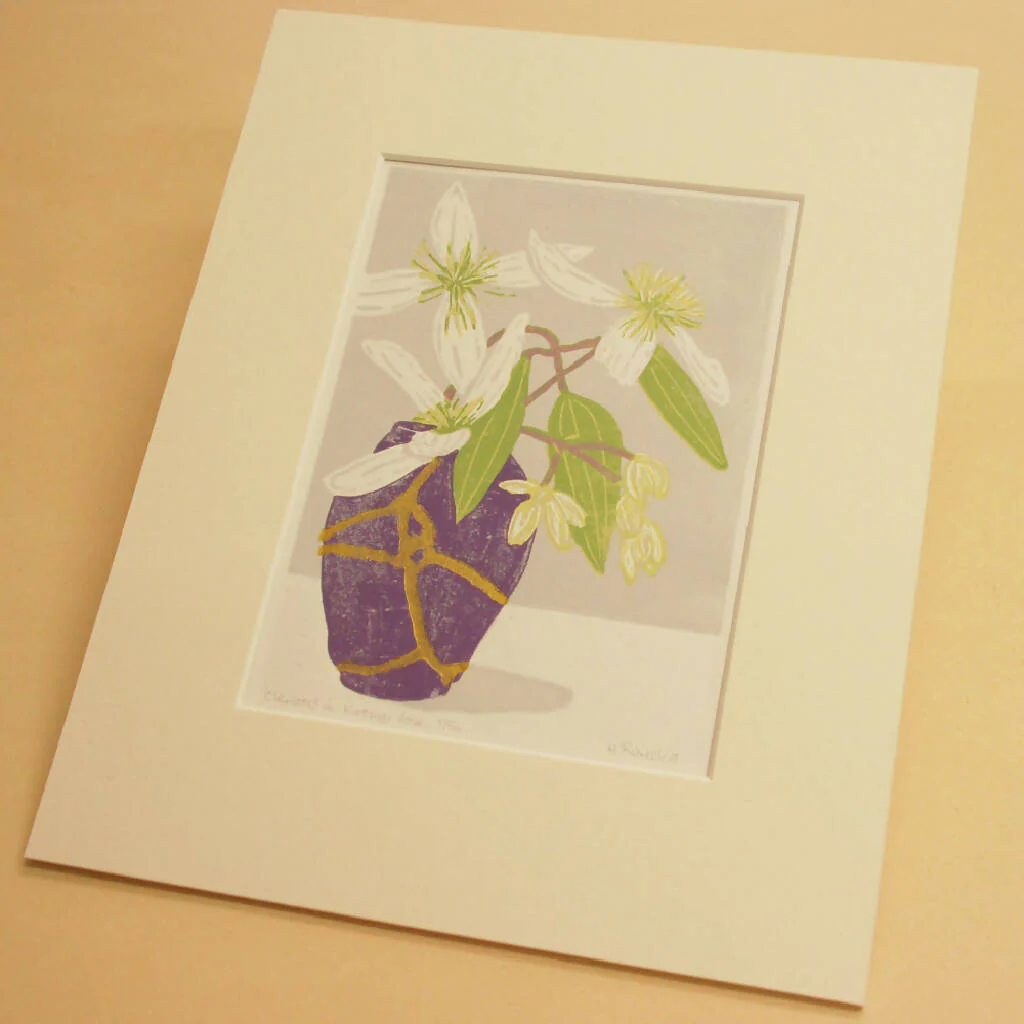 Clematis in Kintsugi Vase - Limited Edition - Original Linocut Print - Image 4