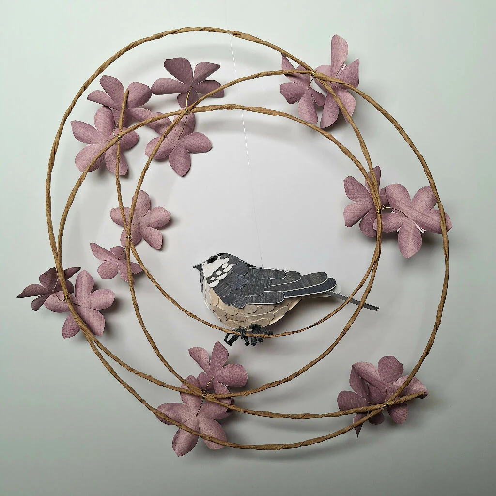Coal tit bird on a floral wreath handmade paper sculpture wall art - Image 2