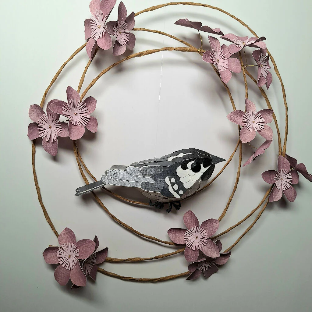 Coal tit bird on a floral wreath handmade paper sculpture wall art - Image 3
