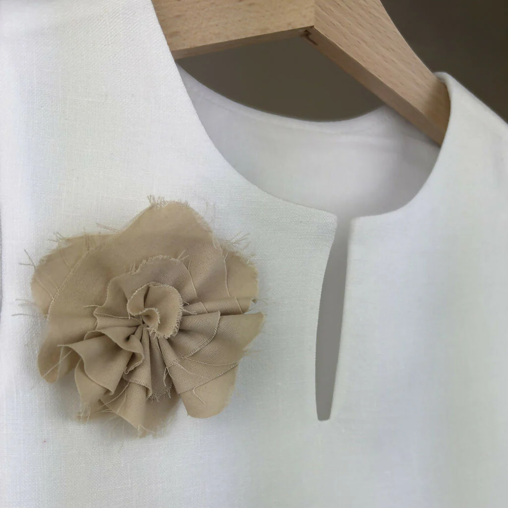 Organic Girls Linen Blouse with Beige Flower Detail - Image 2
