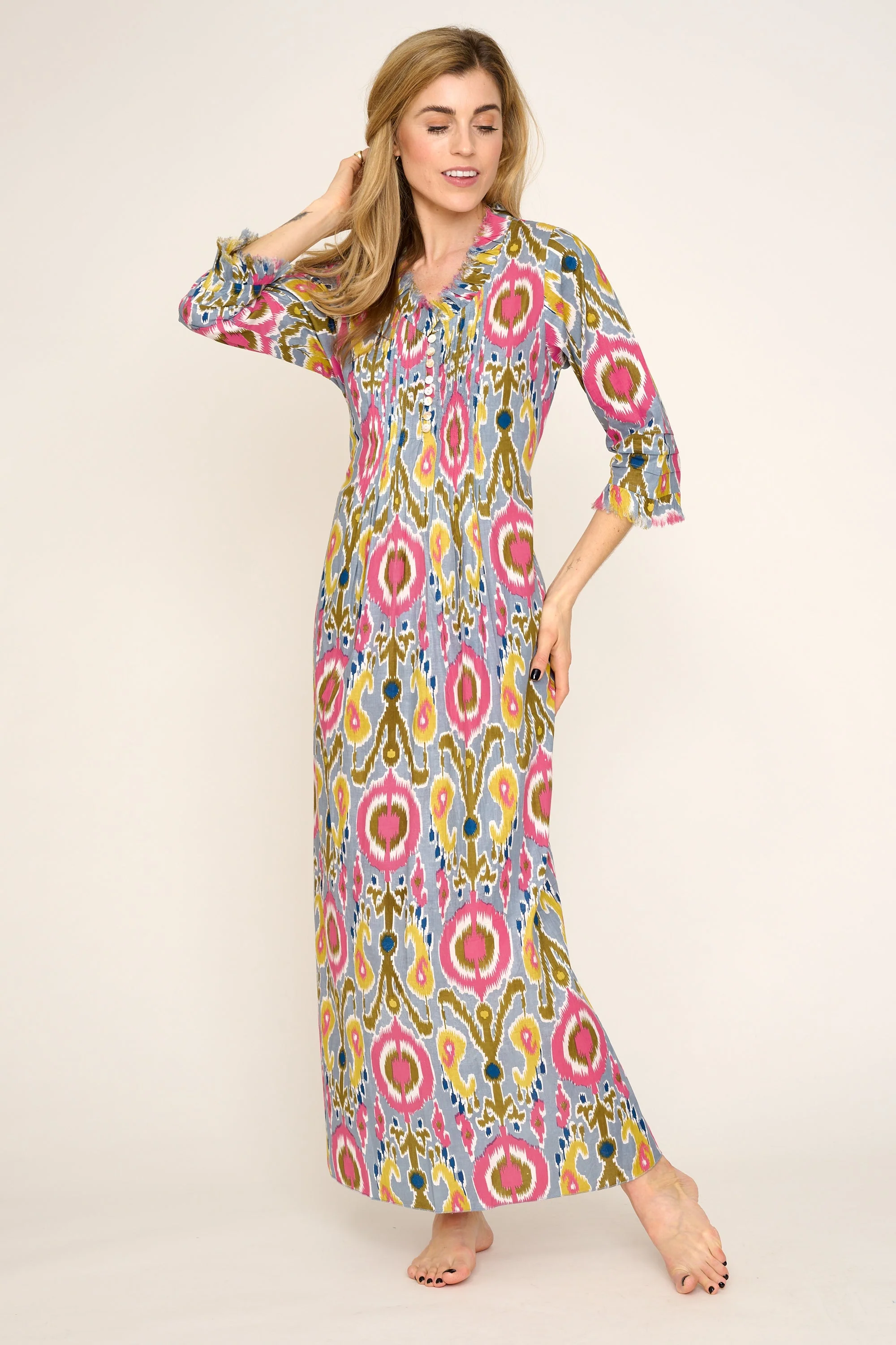 Cotton Annabel Maxi Dress in Grey Multi Ikat - Image 2