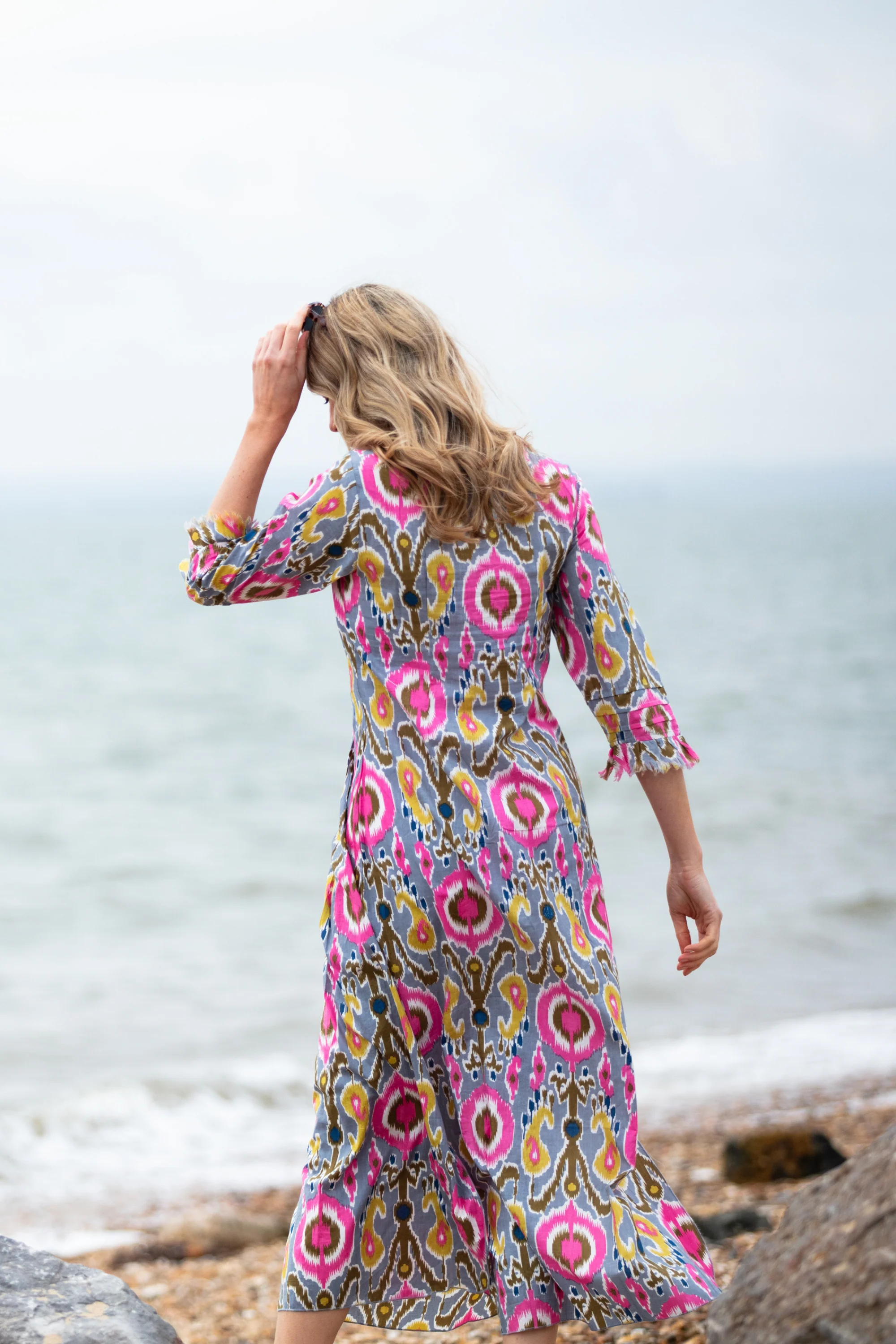 Cotton Annabel Maxi Dress in Grey Multi Ikat - Image 3