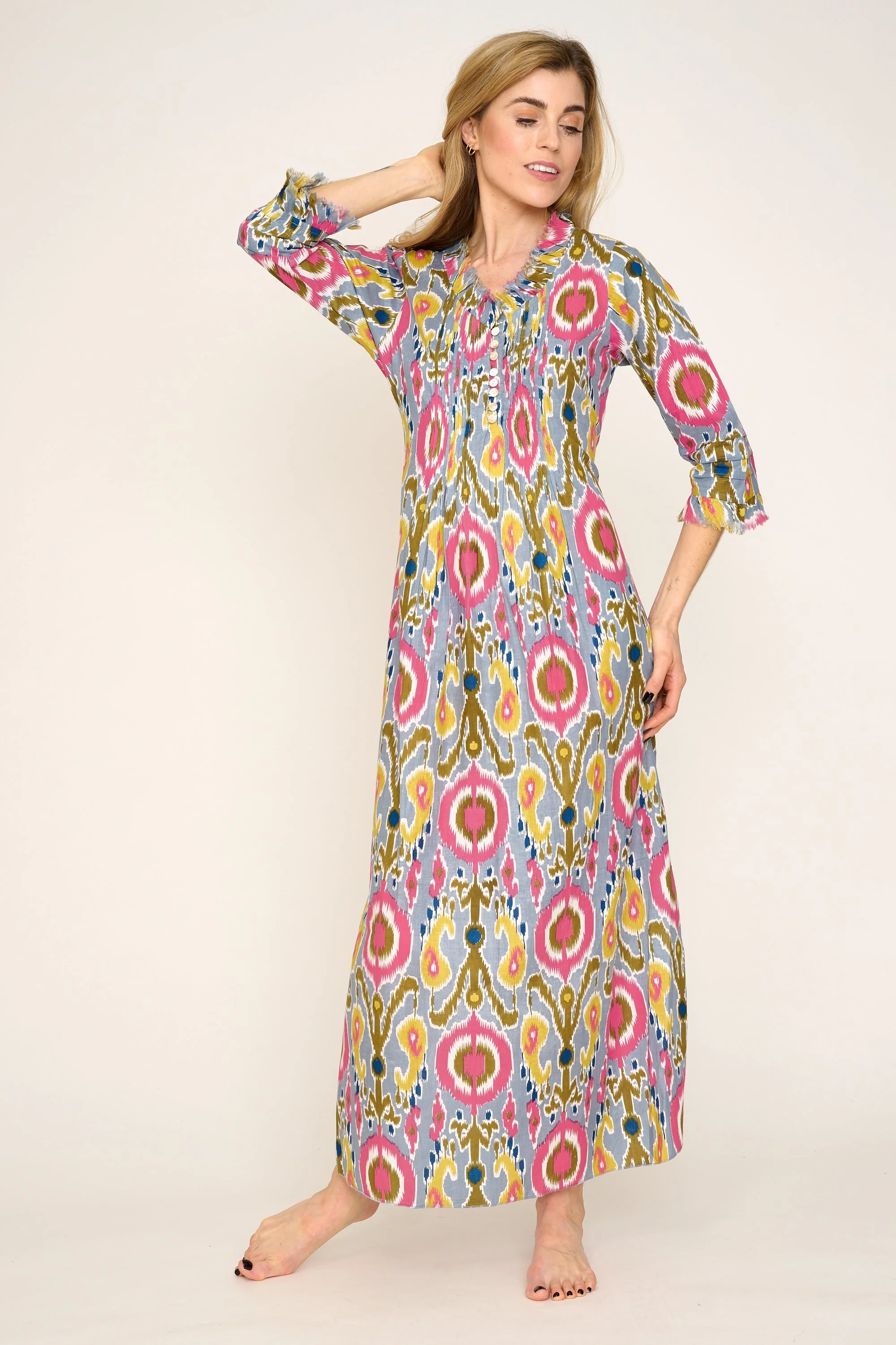 Cotton Annabel Maxi Dress in Grey Multi Ikat - Image 4