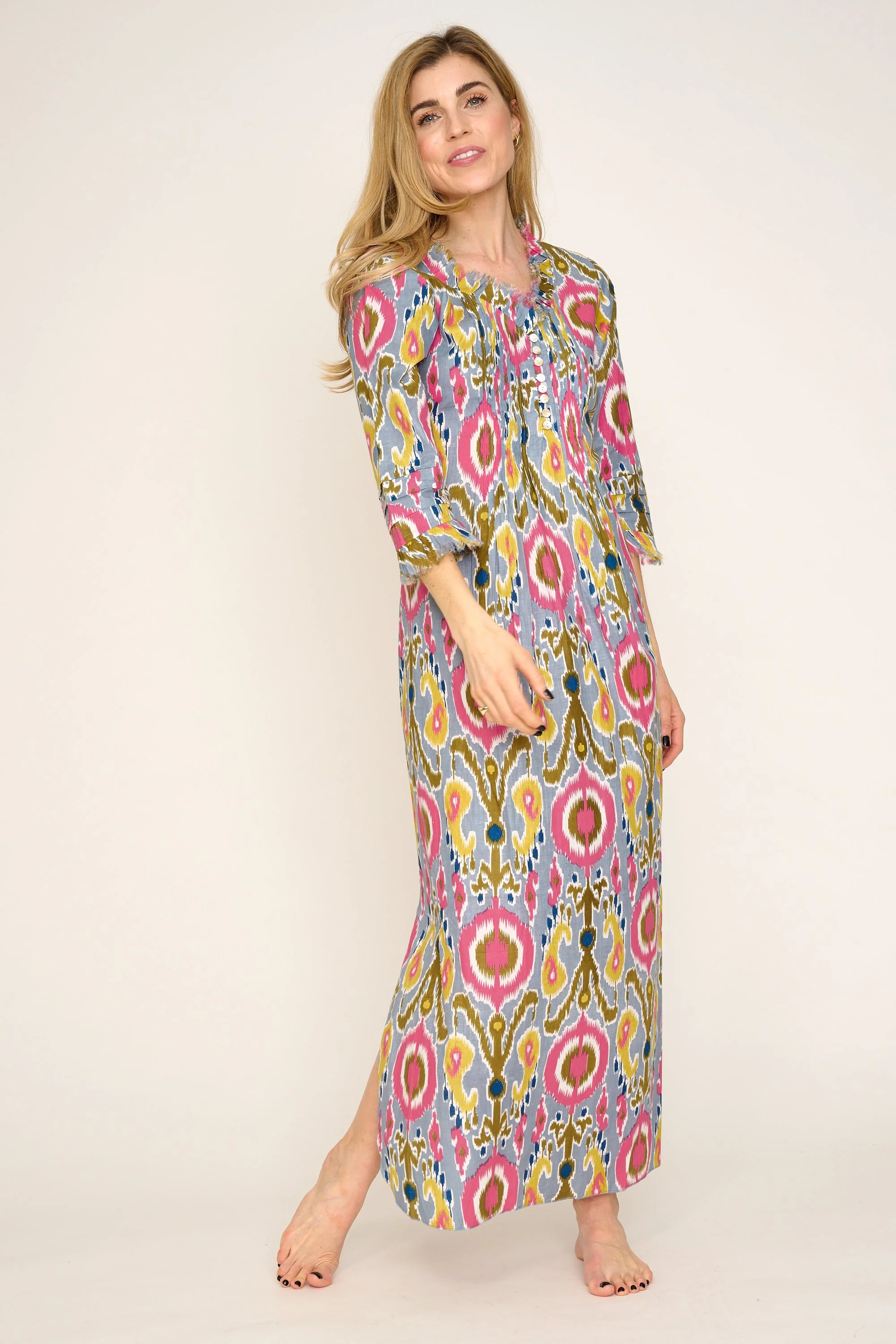 Cotton Annabel Maxi Dress in Grey Multi Ikat - Image 5