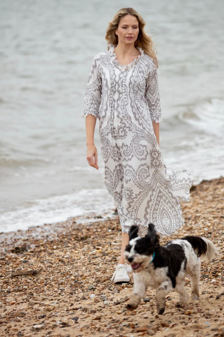 Cotton Annabel Maxi Dress in Grey & White Ikat - Image 2