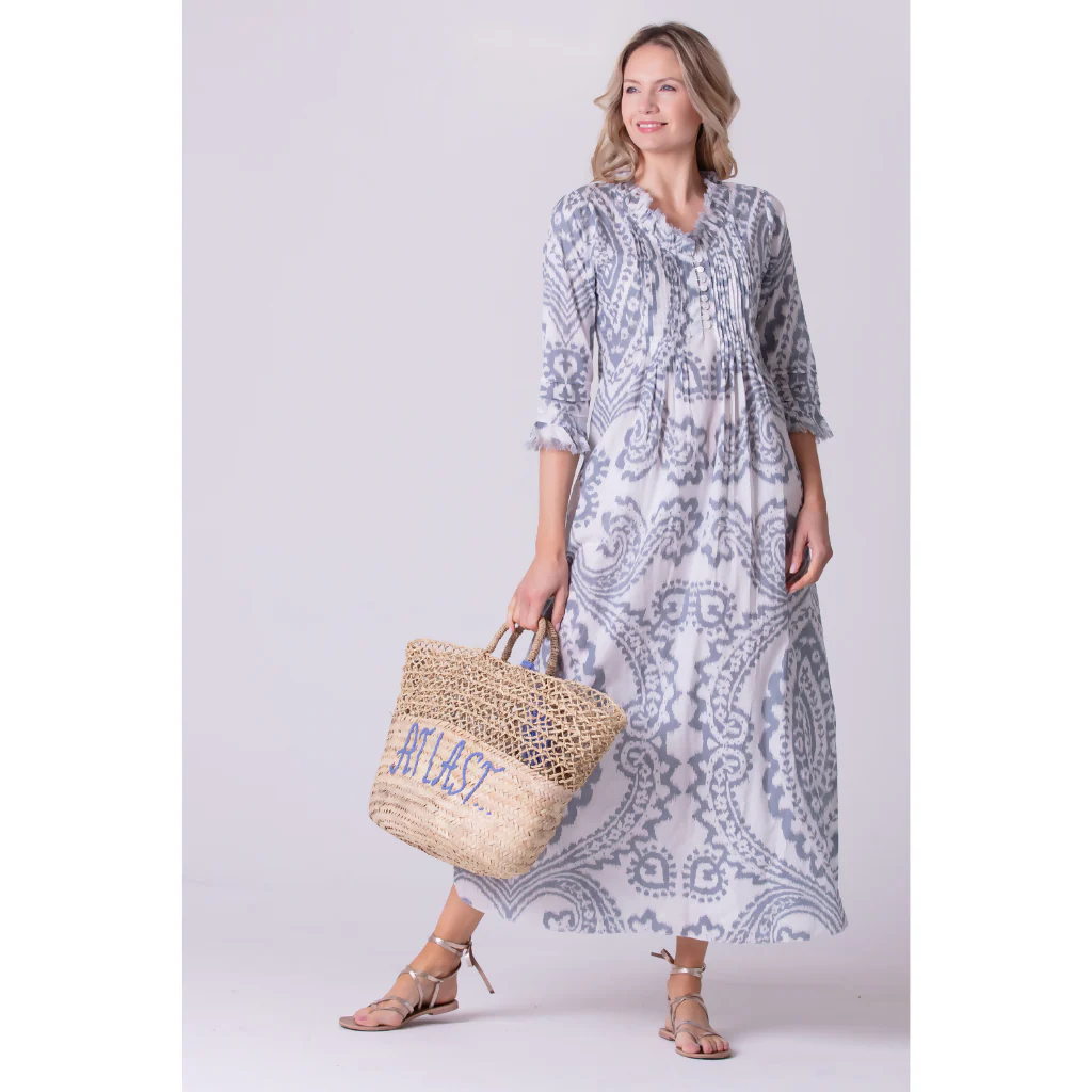 Cotton Annabel Maxi Dress in Grey & White Ikat - Image 3