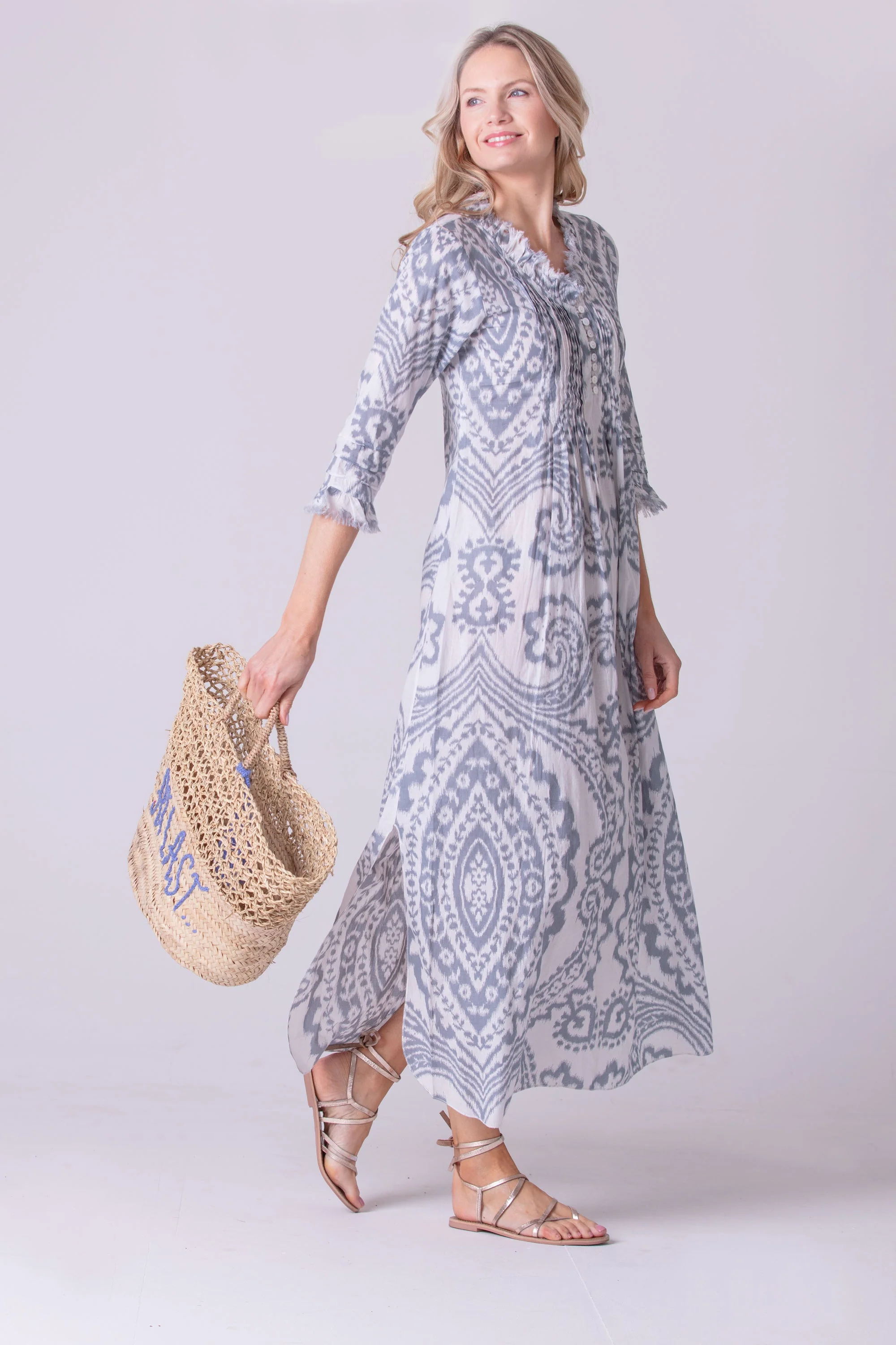 Cotton Annabel Maxi Dress in Grey & White Ikat - Image 4
