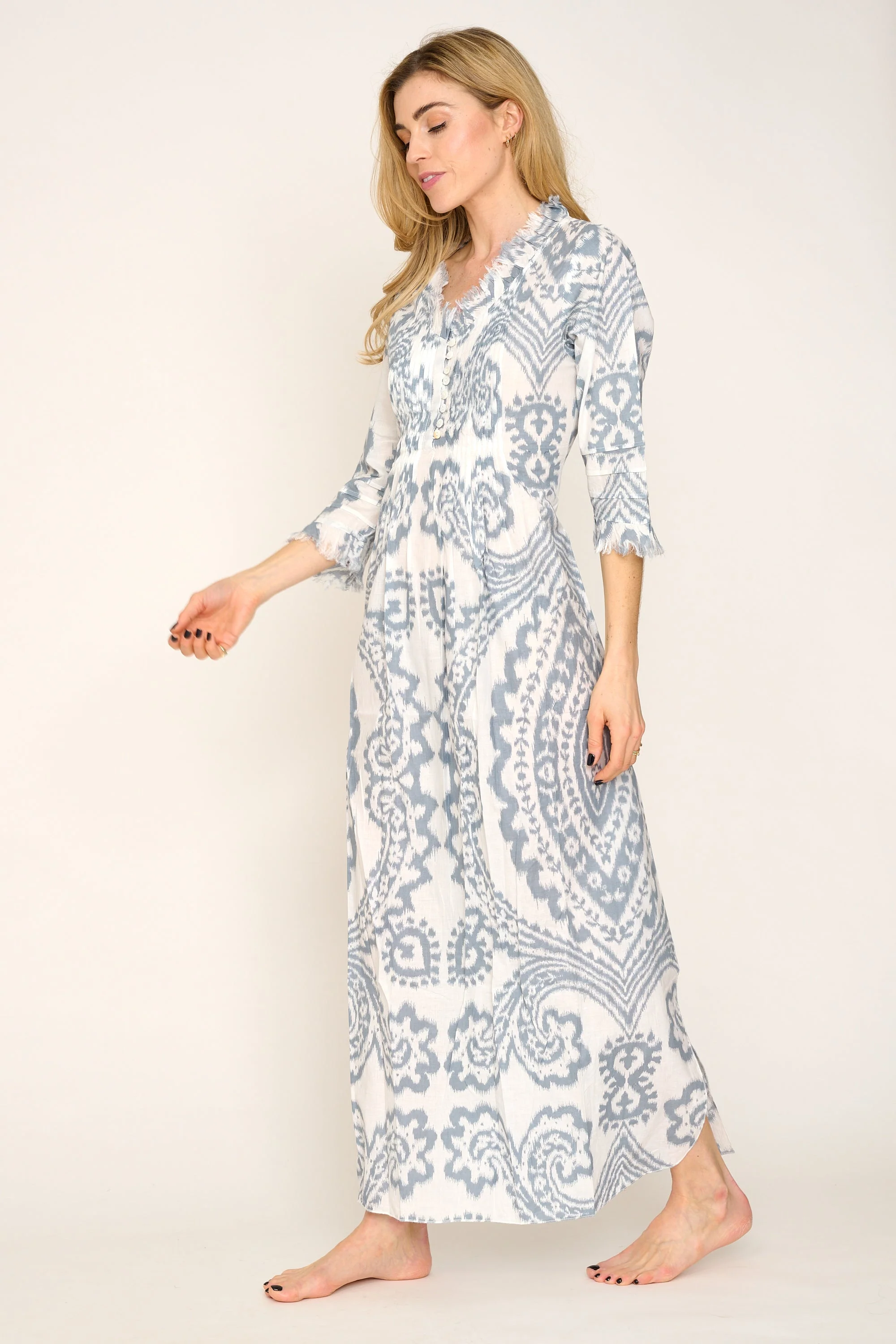 Cotton Annabel Maxi Dress in Grey & White Ikat - Image 5