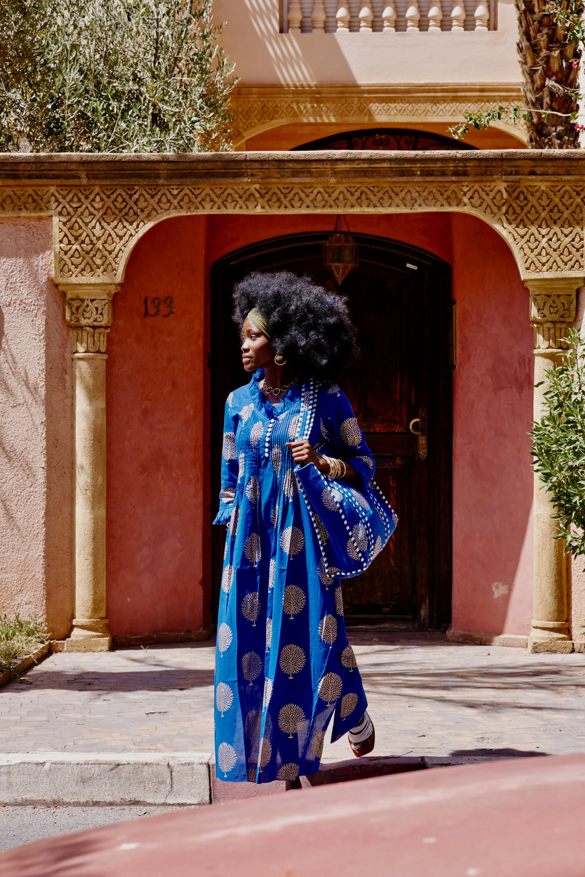 Cotton Annabel Maxi Dress in Marrakesh Blue & Gold - Image 4