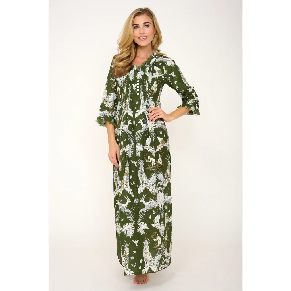Cotton Annabel Maxi Dress in Olive Green Tropical - Image 4