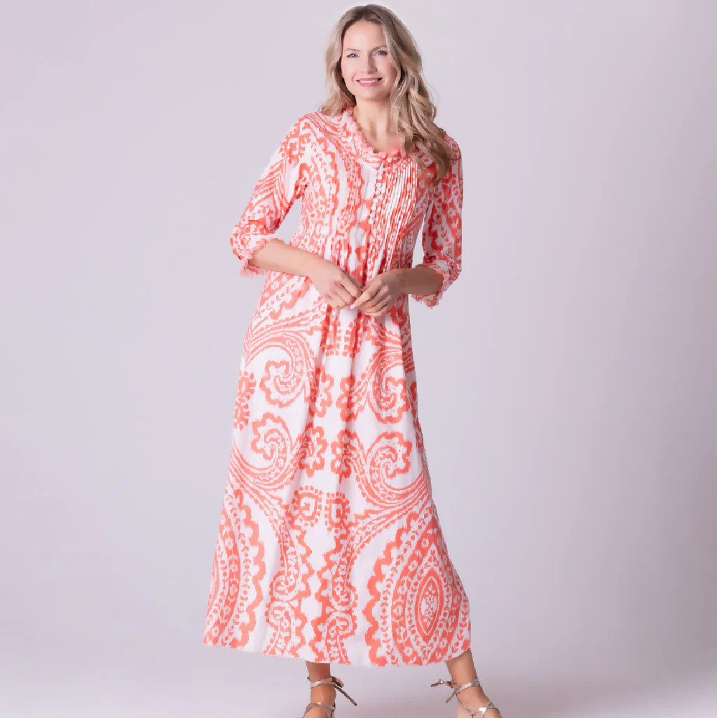 Cotton Annabel Maxi Dress in Orange & White Ikat