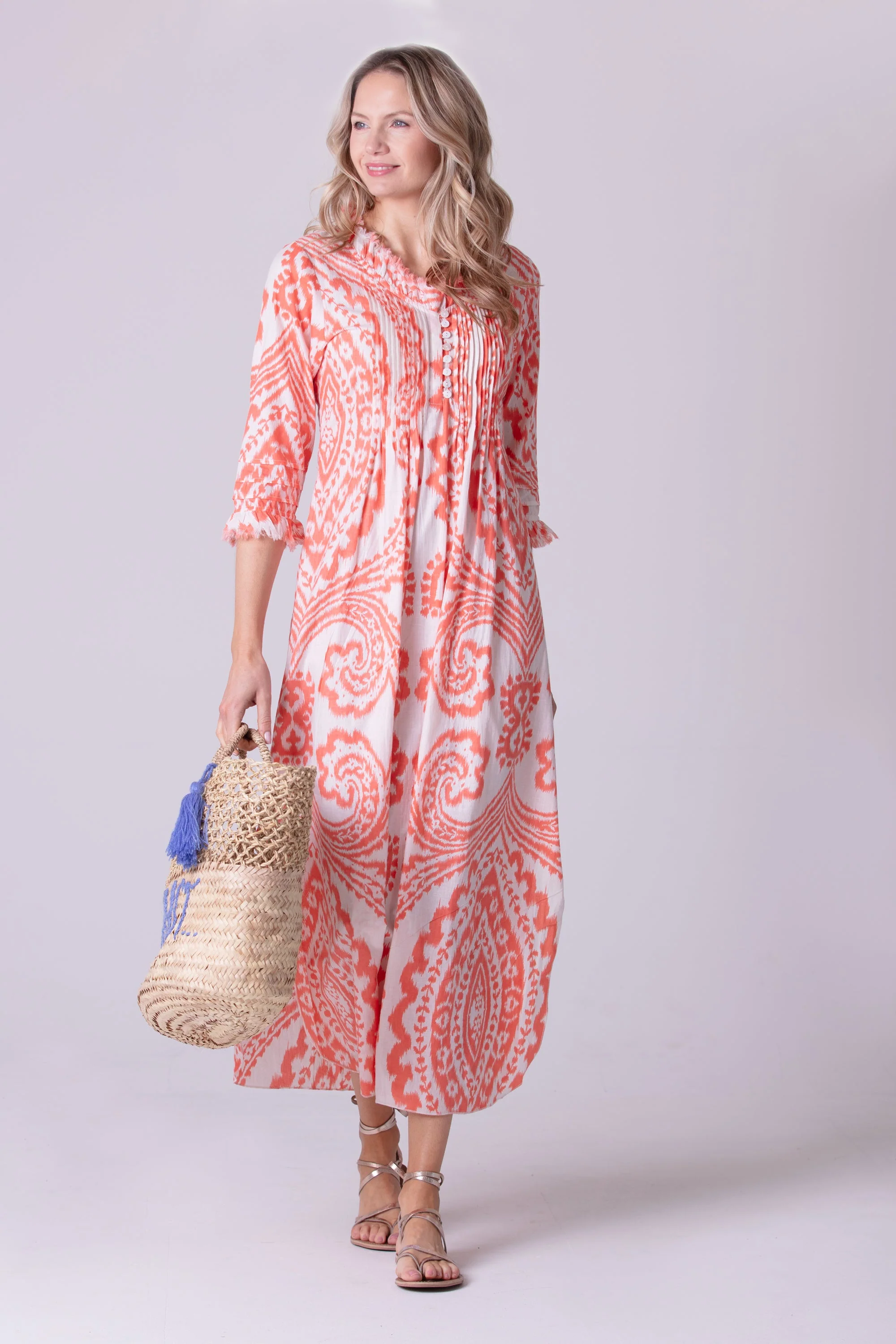 Cotton Annabel Maxi Dress in Orange & White Ikat - Image 2