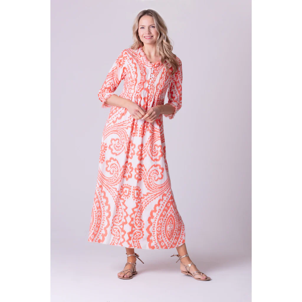 Cotton Annabel Maxi Dress in Orange & White Ikat - Image 3
