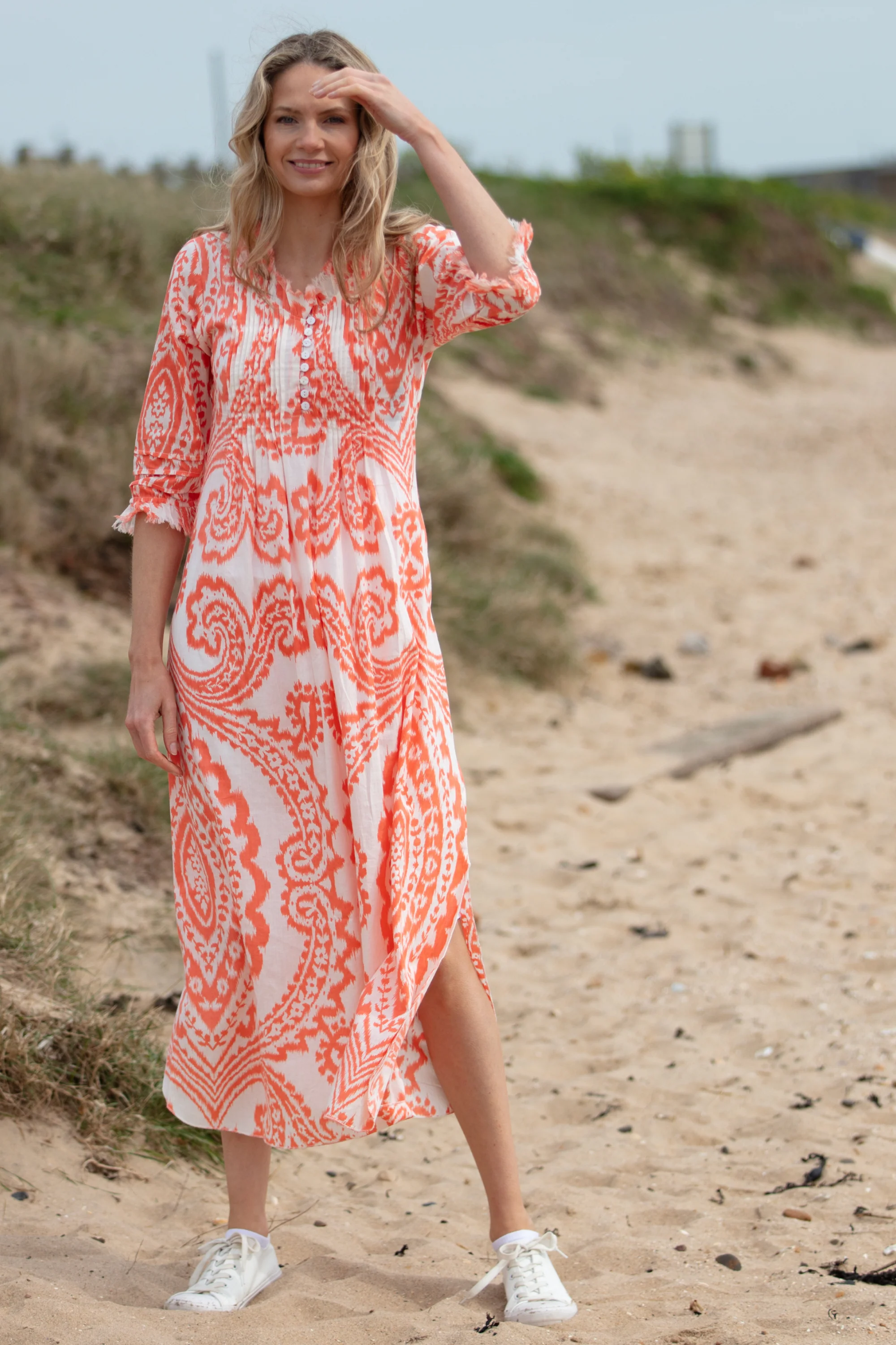 Cotton Annabel Maxi Dress in Orange & White Ikat - Image 5