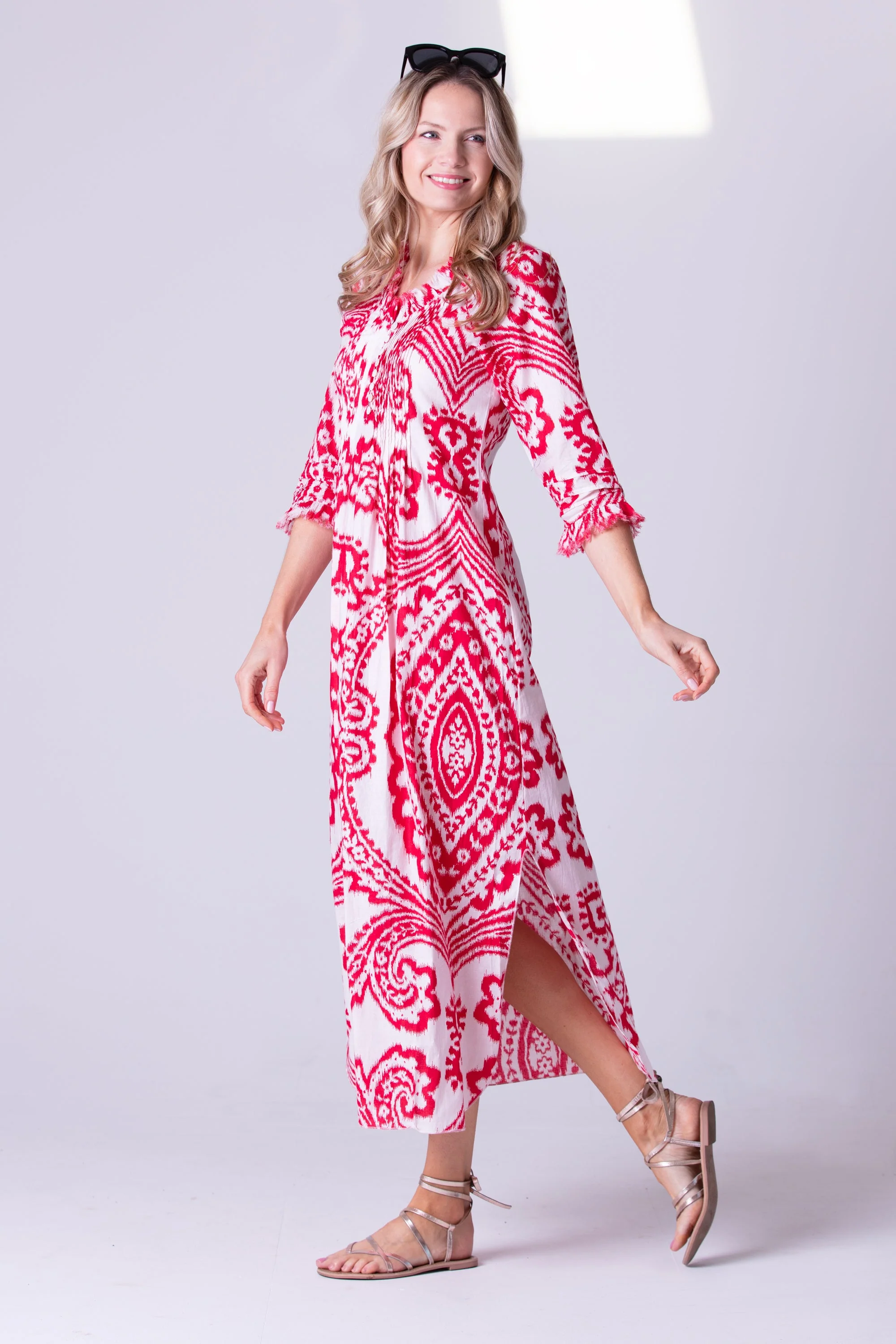 Cotton Annabel Maxi Dress in Red & White Ikat - Image 2