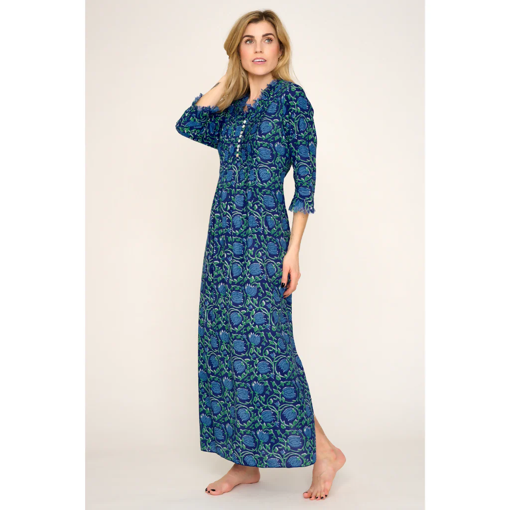 Cotton Annabel Maxi Dress in Royal Blue with Blue & Green Flower - Image 3