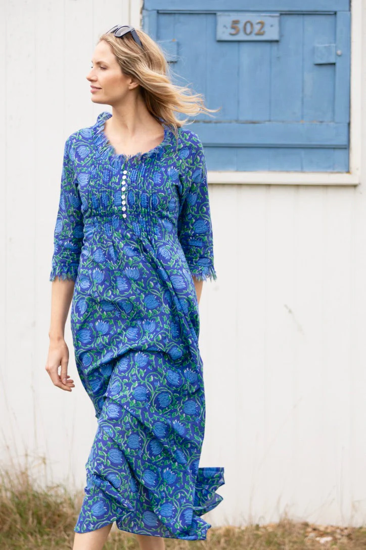 Cotton Annabel Maxi Dress in Royal Blue with Blue & Green Flower - Image 4