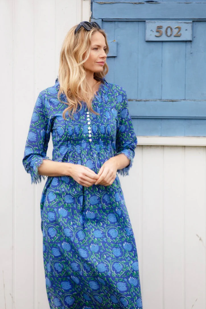 Cotton Annabel Maxi Dress in Royal Blue with Blue & Green Flower - Image 5