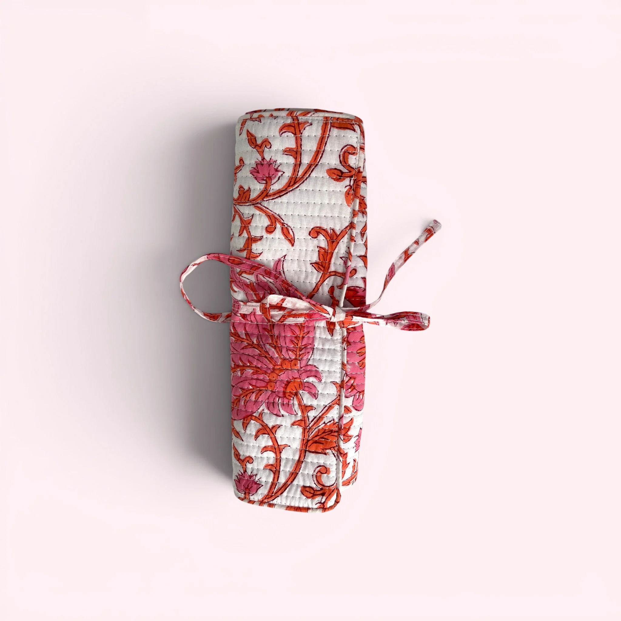 Cotton Jewellery Roll - Coral Pink and White Floral