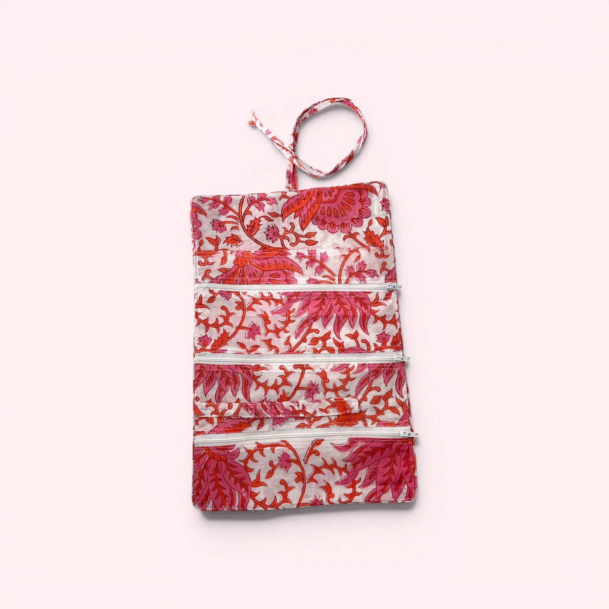 Cotton Jewellery Roll - Coral Pink and White Floral - Image 2
