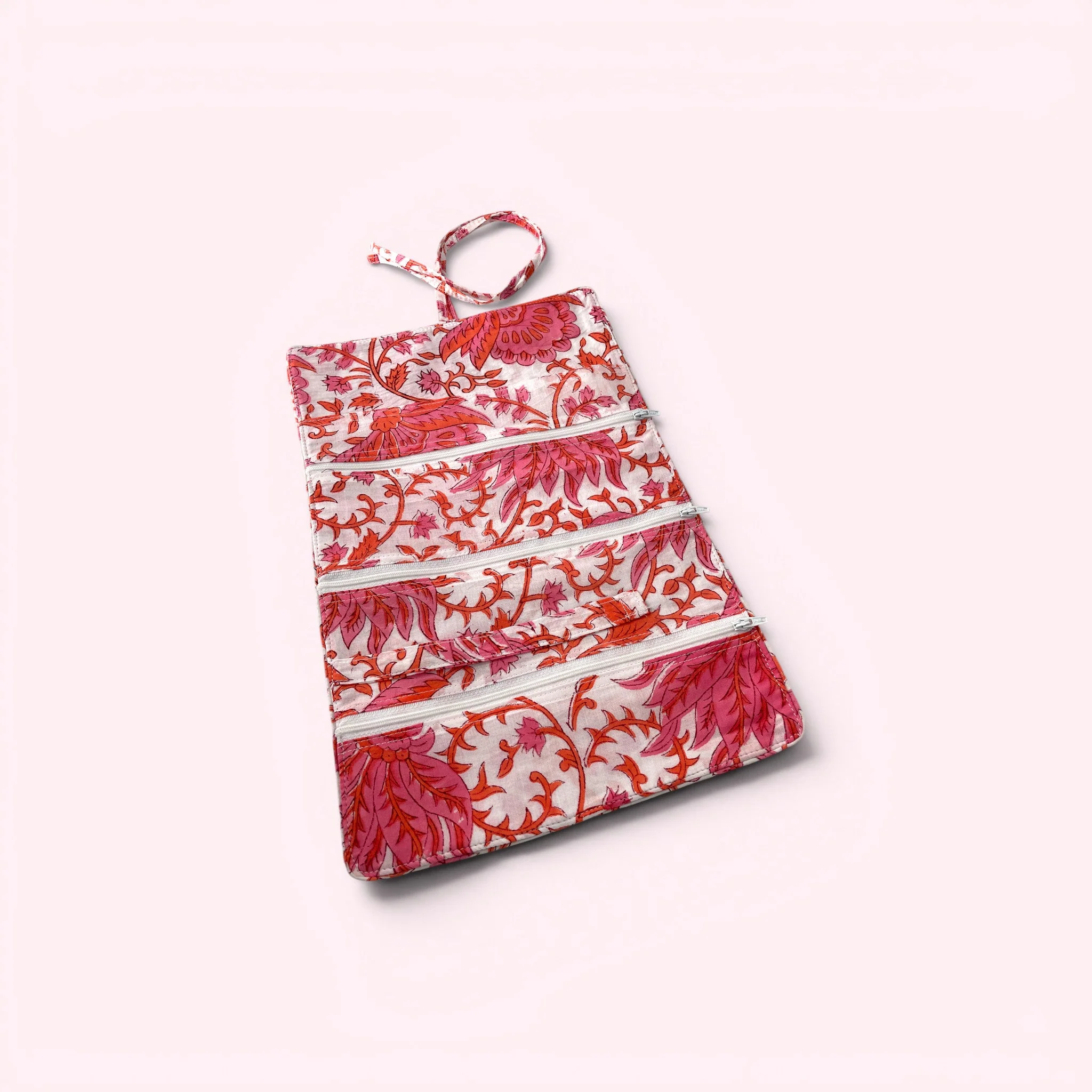 Cotton Jewellery Roll - Coral Pink and White Floral - Image 3