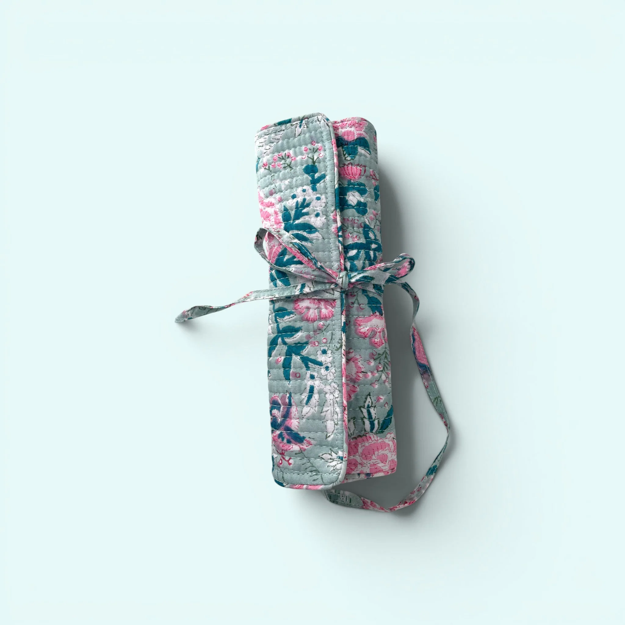 Cotton Jewellery Roll - Ditsy Duck Egg Blue and Pink Floral