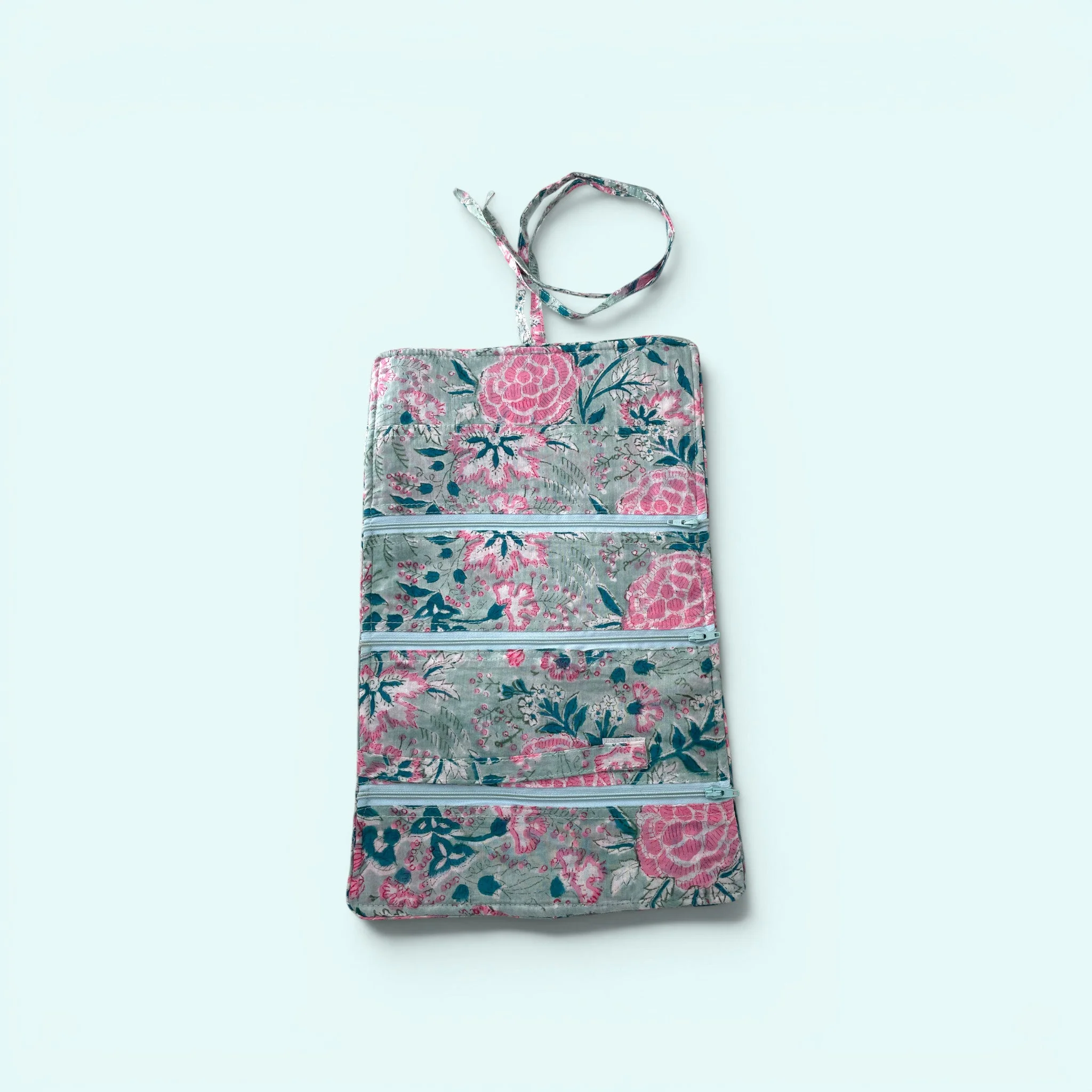 Cotton Jewellery Roll - Ditsy Duck Egg Blue and Pink Floral - Image 2