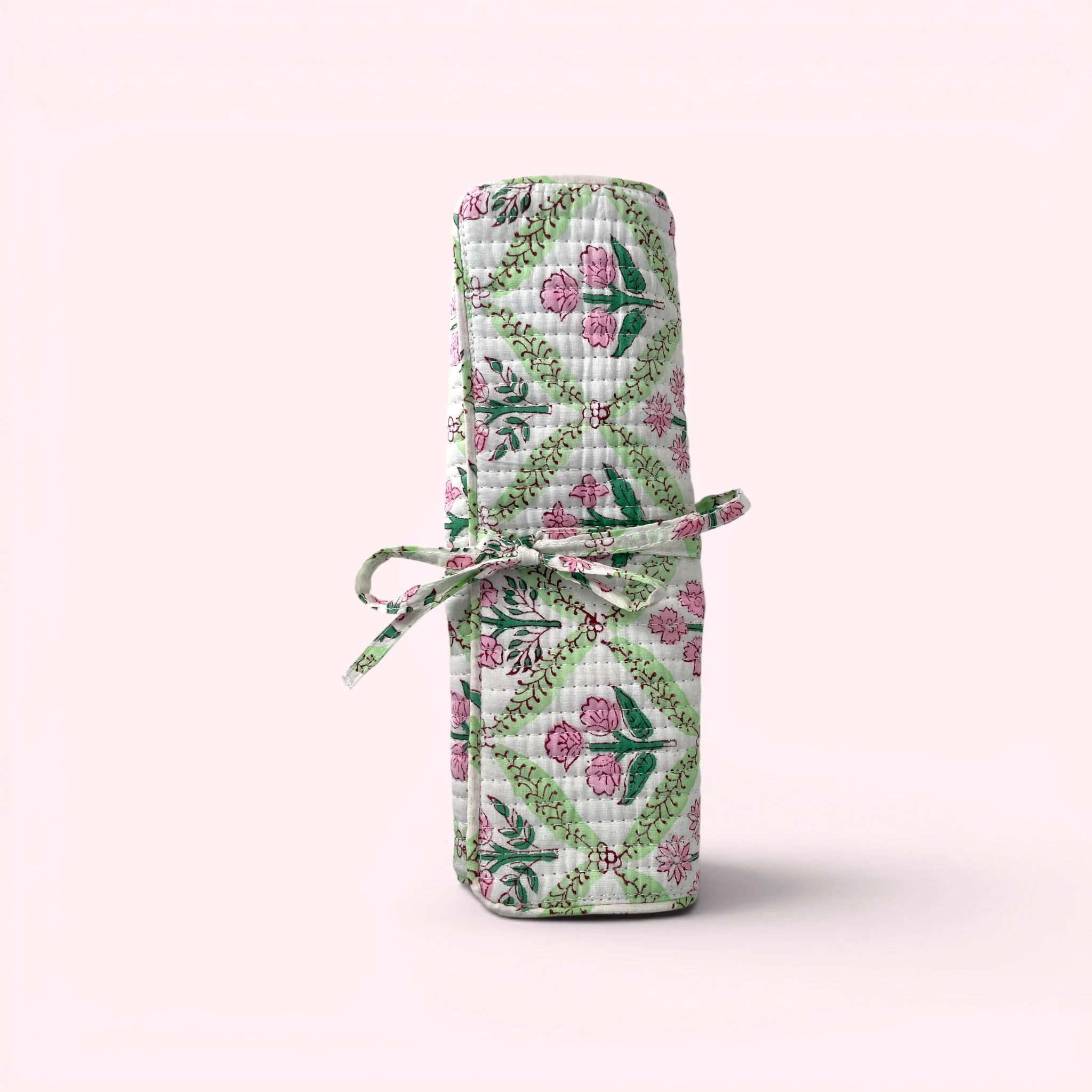 Cotton Jewellery Roll - Green and Pink Block Print Floral