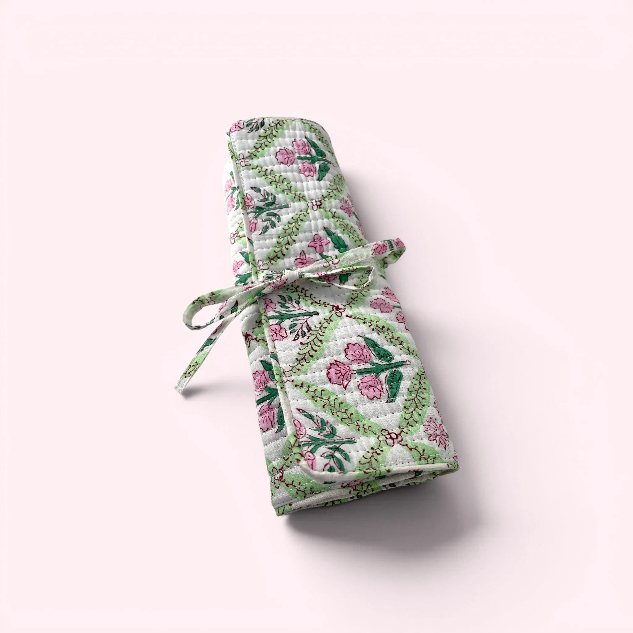 Cotton Jewellery Roll - Green and Pink Block Print Floral - Image 2
