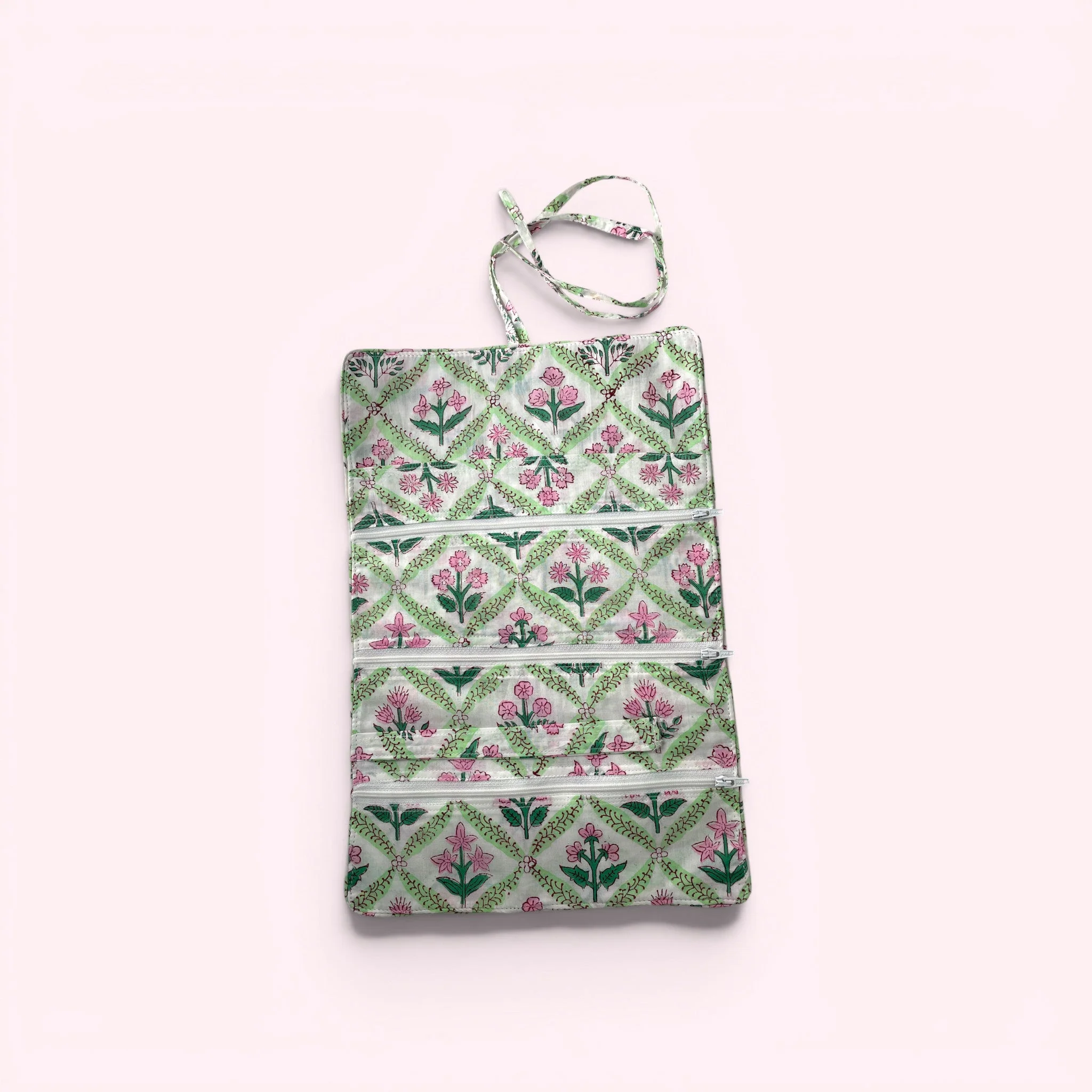 Cotton Jewellery Roll - Green and Pink Block Print Floral - Image 3