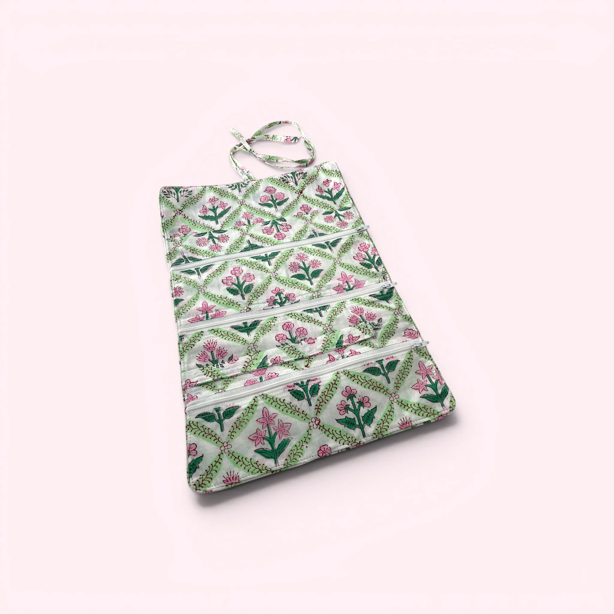 Cotton Jewellery Roll - Green and Pink Block Print Floral - Image 4