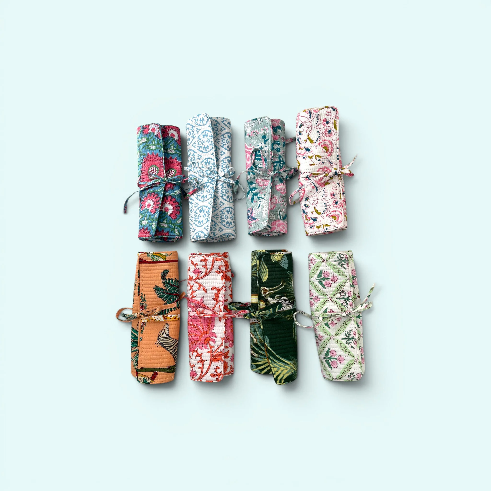 Cotton Jewellery Roll - Green and Pink Block Print Floral - Image 5