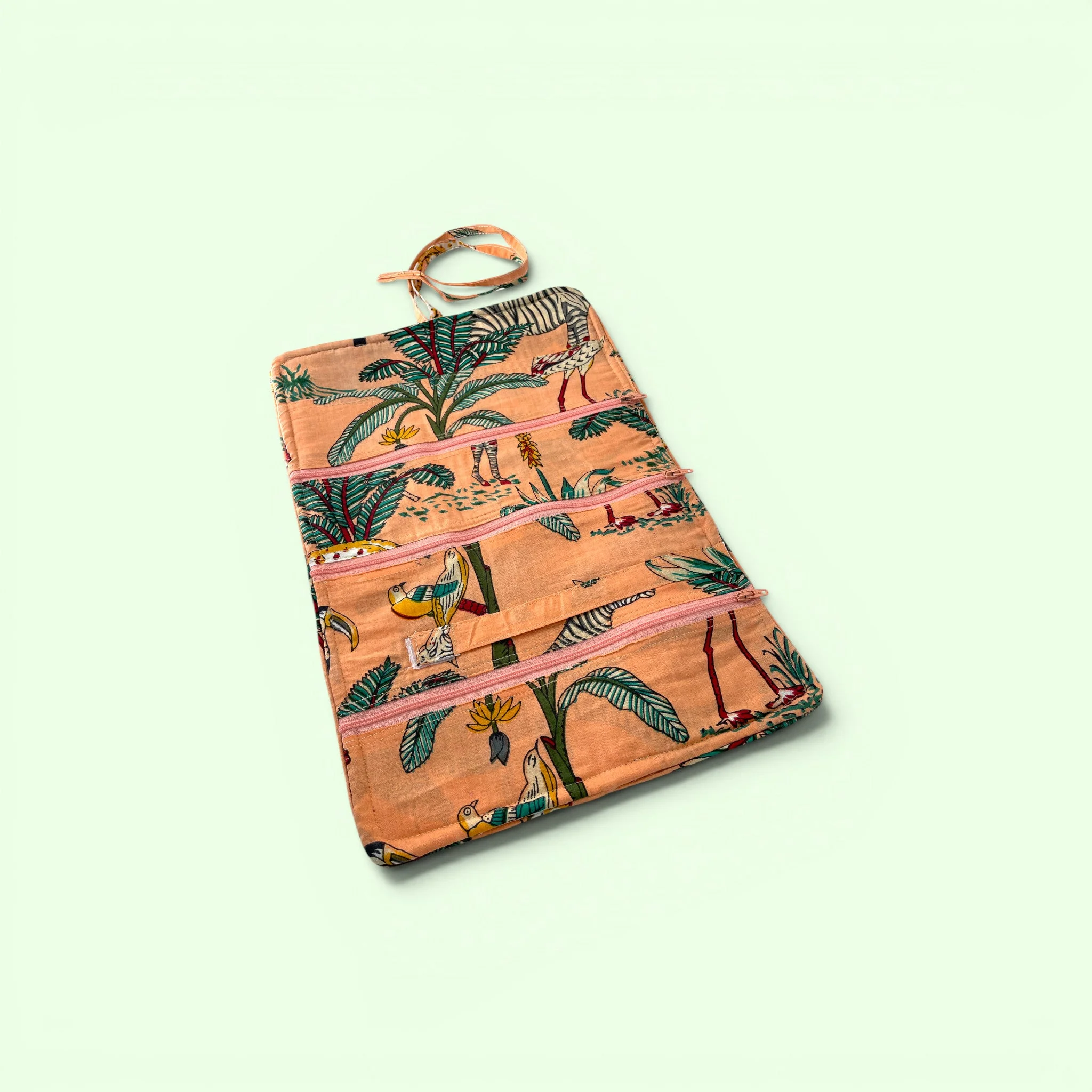 Cotton Jewellery Roll - Jungle Animal Print in Peach - Image 4