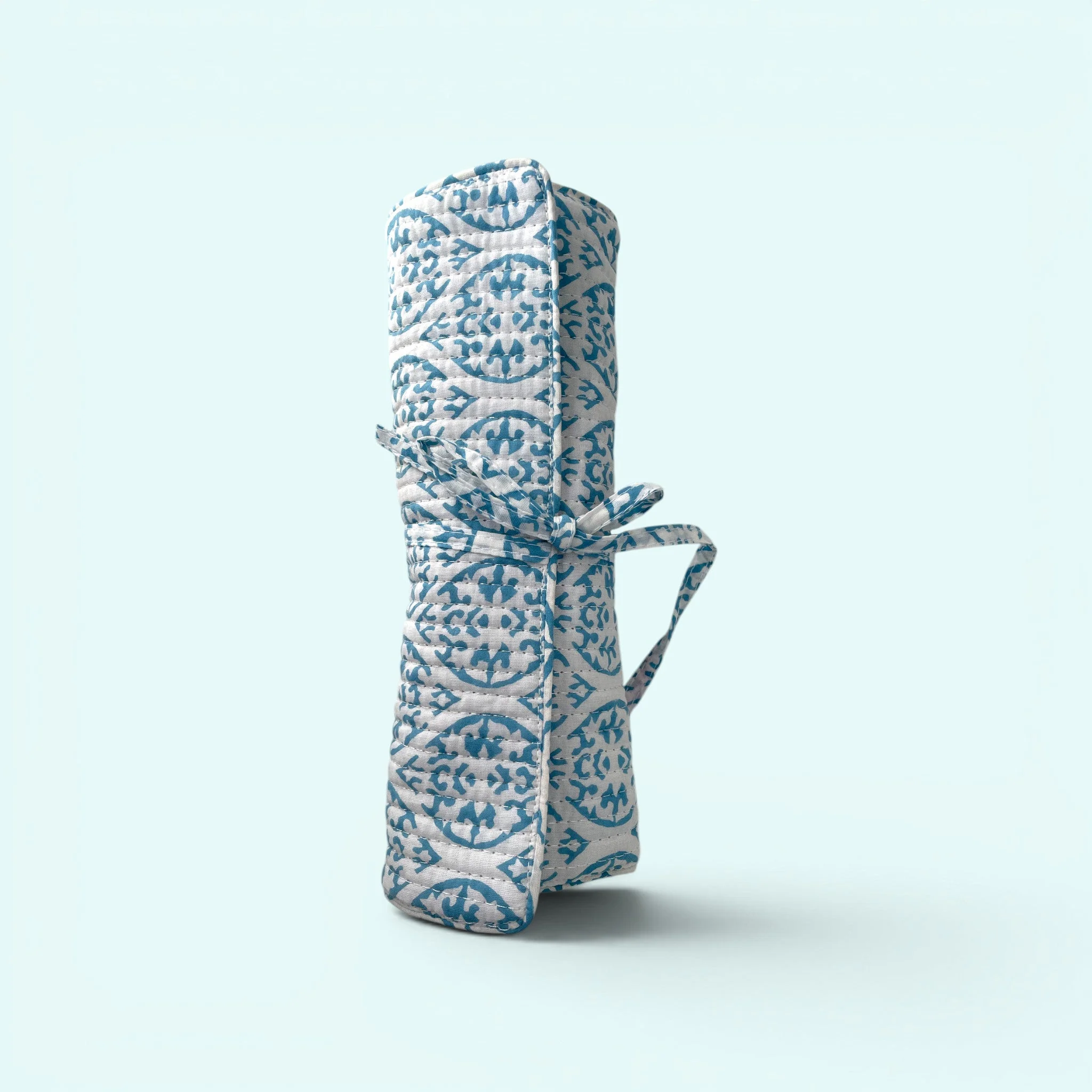 Cotton Jewellery Roll - Light Blue and White Block Print