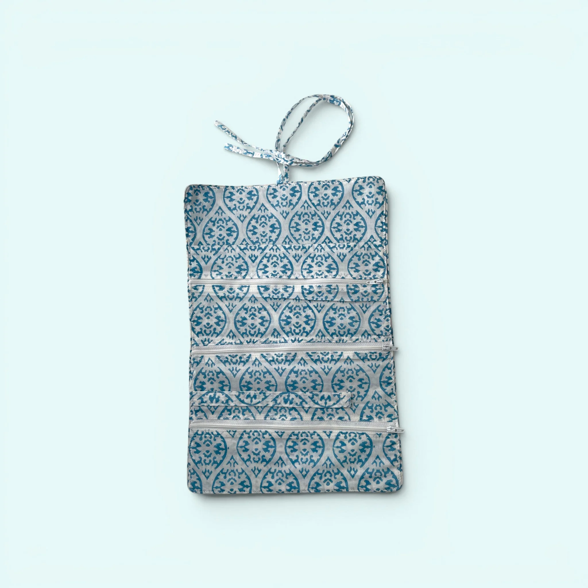 Cotton Jewellery Roll - Light Blue and White Block Print - Image 2