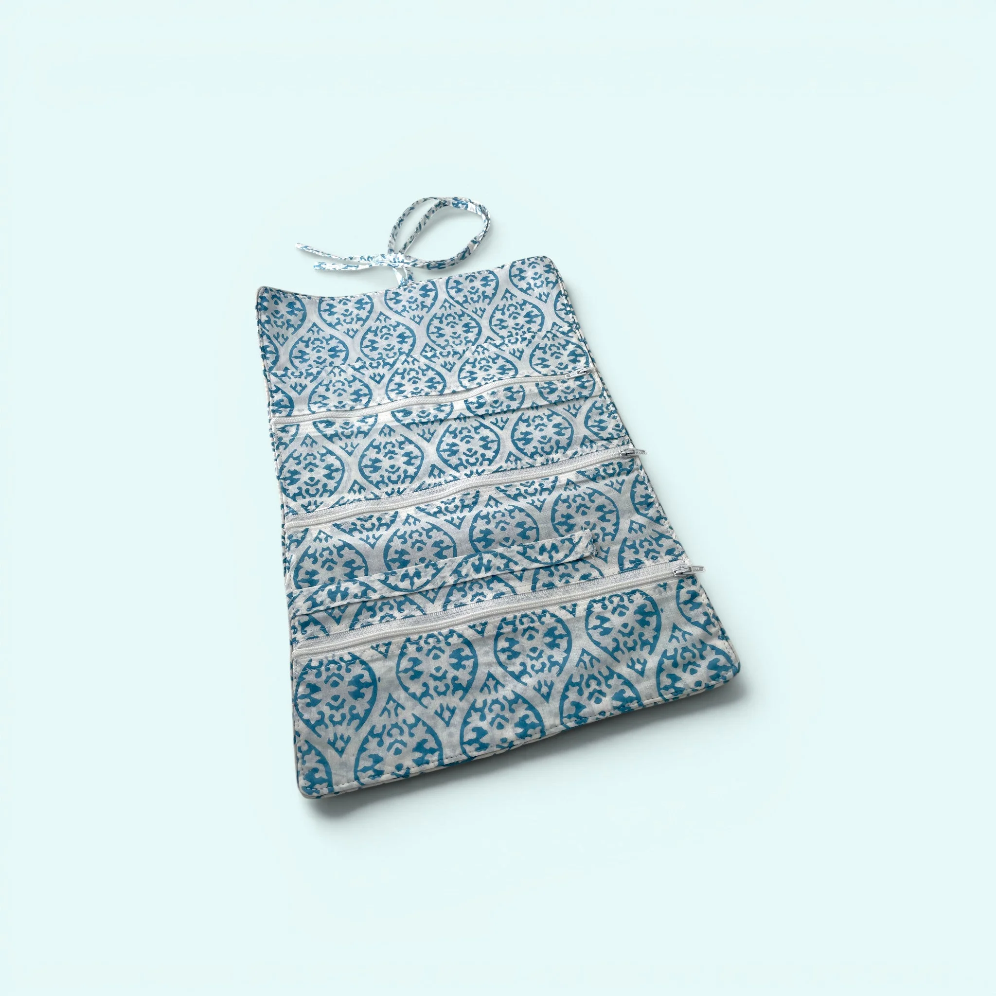 Cotton Jewellery Roll - Light Blue and White Block Print - Image 3