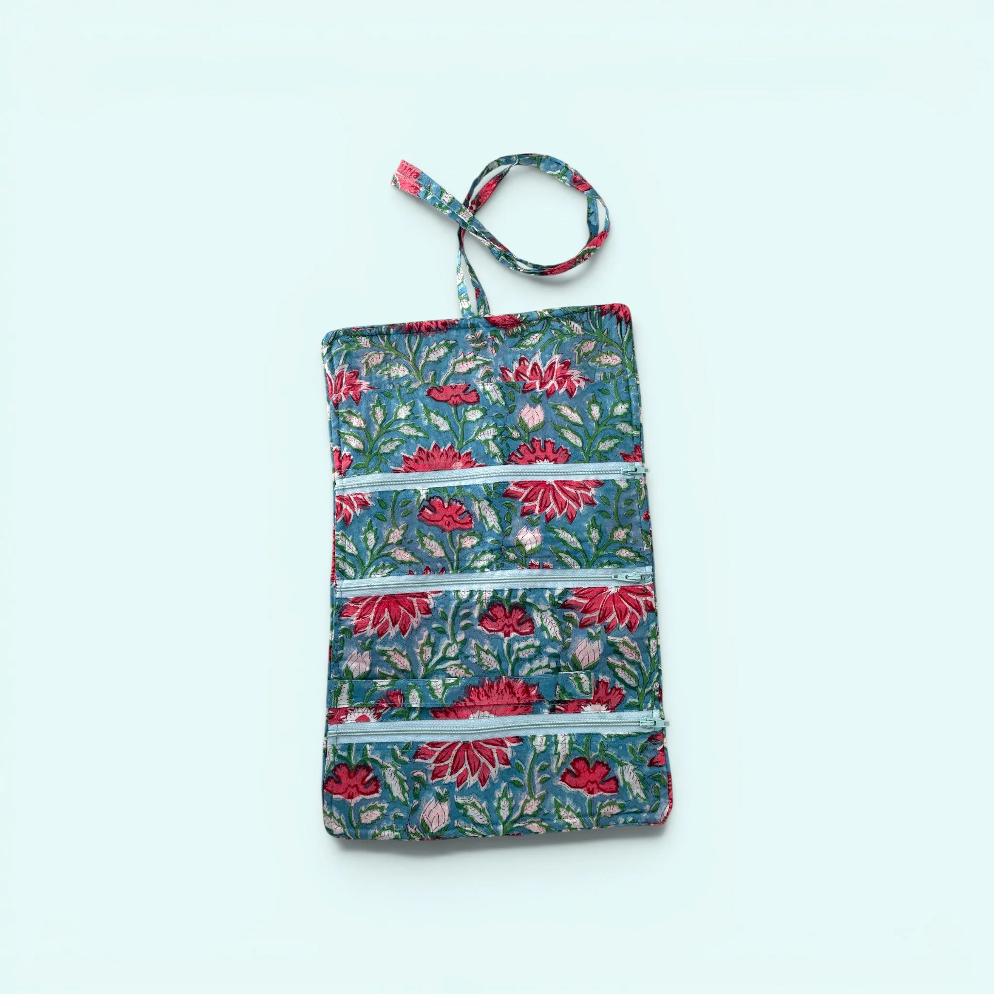 Cotton Jewellery Roll - Teal and Pink Floral - Image 2