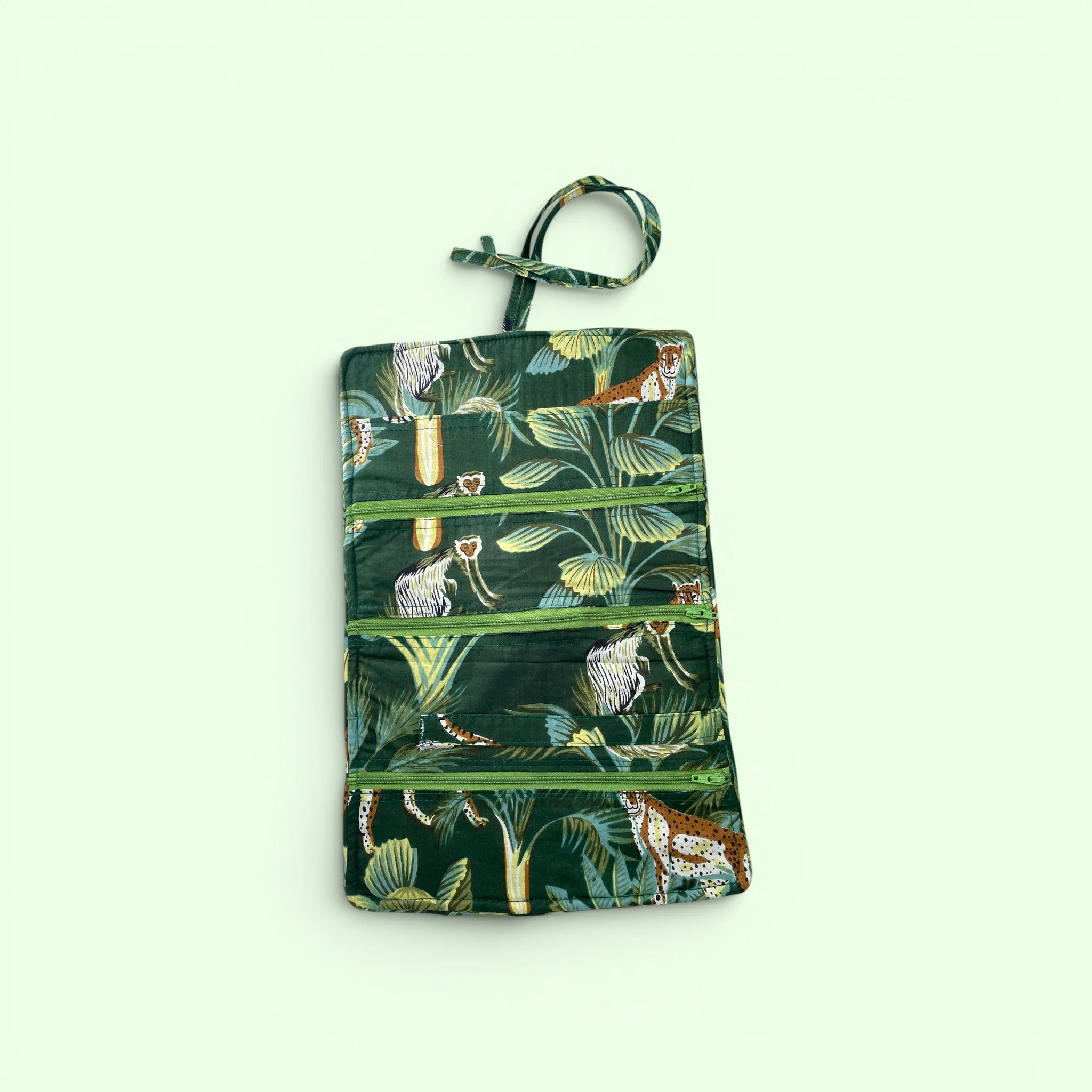 Cotton Jewellery Roll - Wild Animal Print in Green