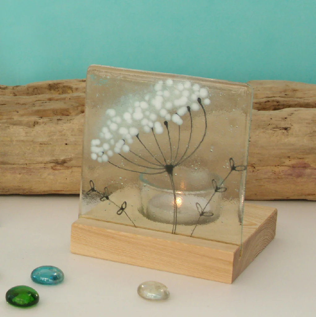 Cow Parsley Fused Glass Tea Light Holder