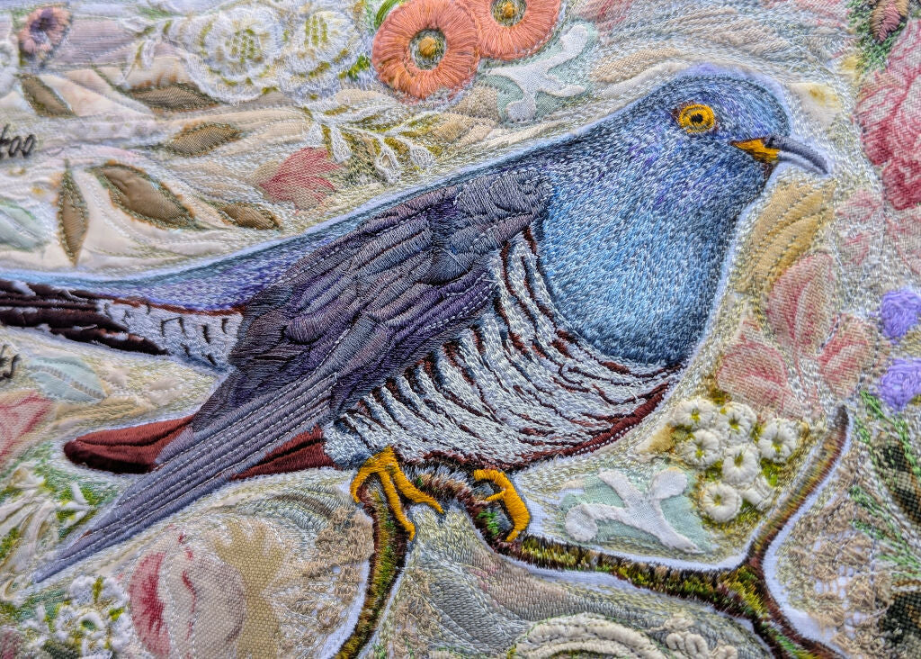 Cuckoo tricks the Hedge - Textile embroidery hanging - Image 2
